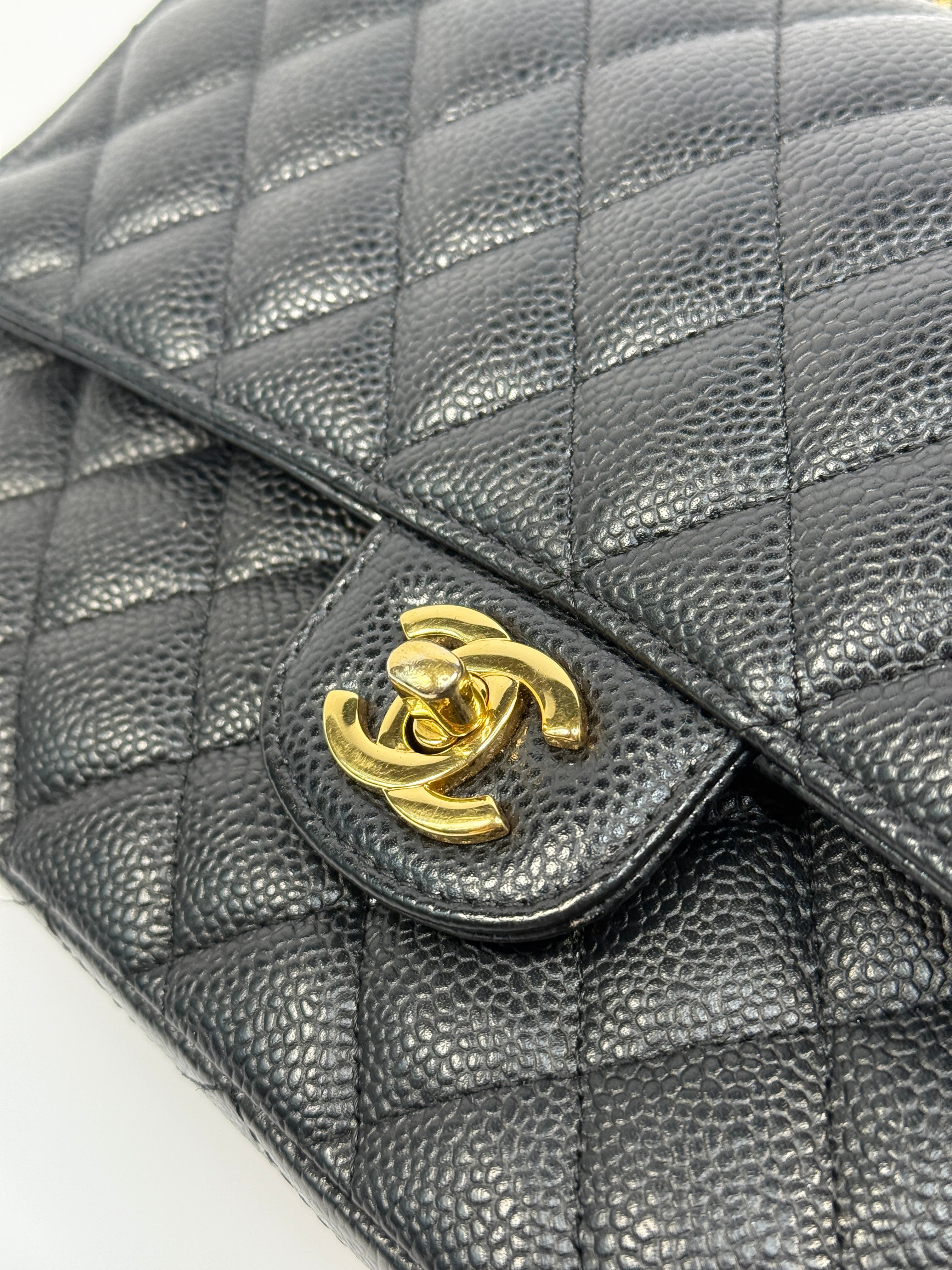 Chanel Medium Classic Double Flap Black Caviar With Gold Hardware, Authentic And Preloved In Excellent Condition