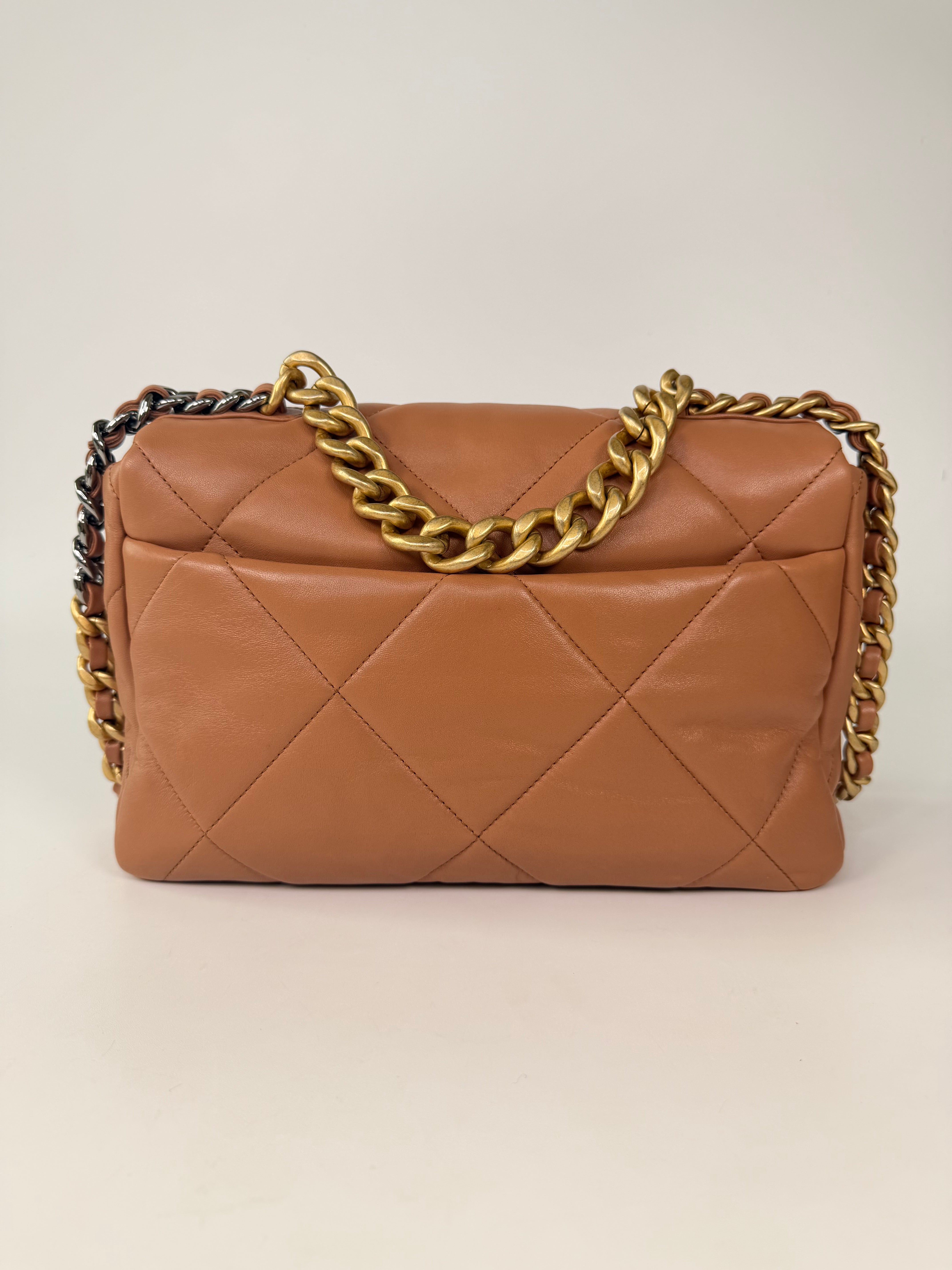 Chanel 19 Medium In Camel Lambskin Leather With Mixed Hardware in excellent condition 100% authentic and preloved