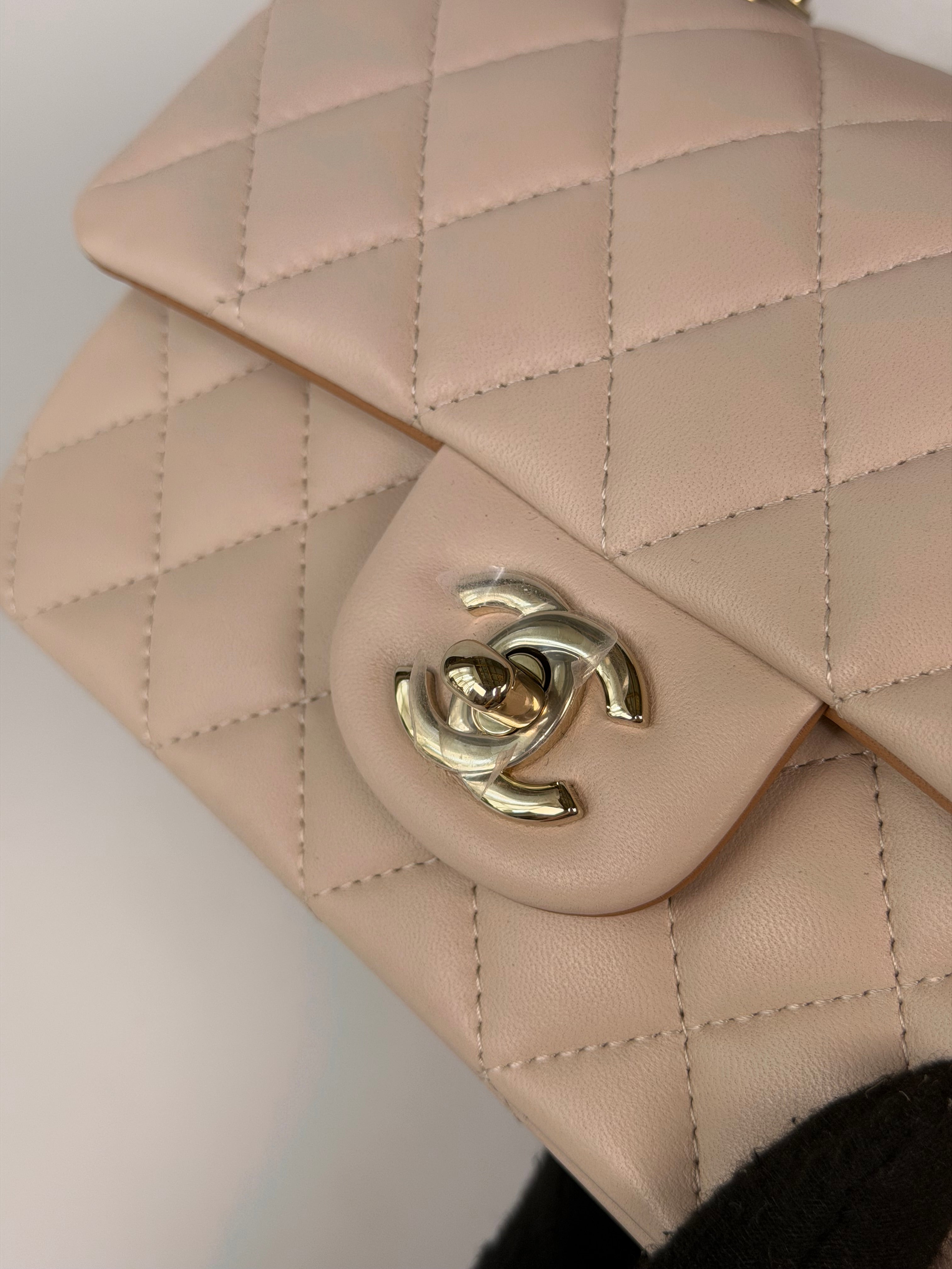 Chanel Mini Rectangle Top Handle In Light Beige Lambskin Leather With Pale Gold Hardware