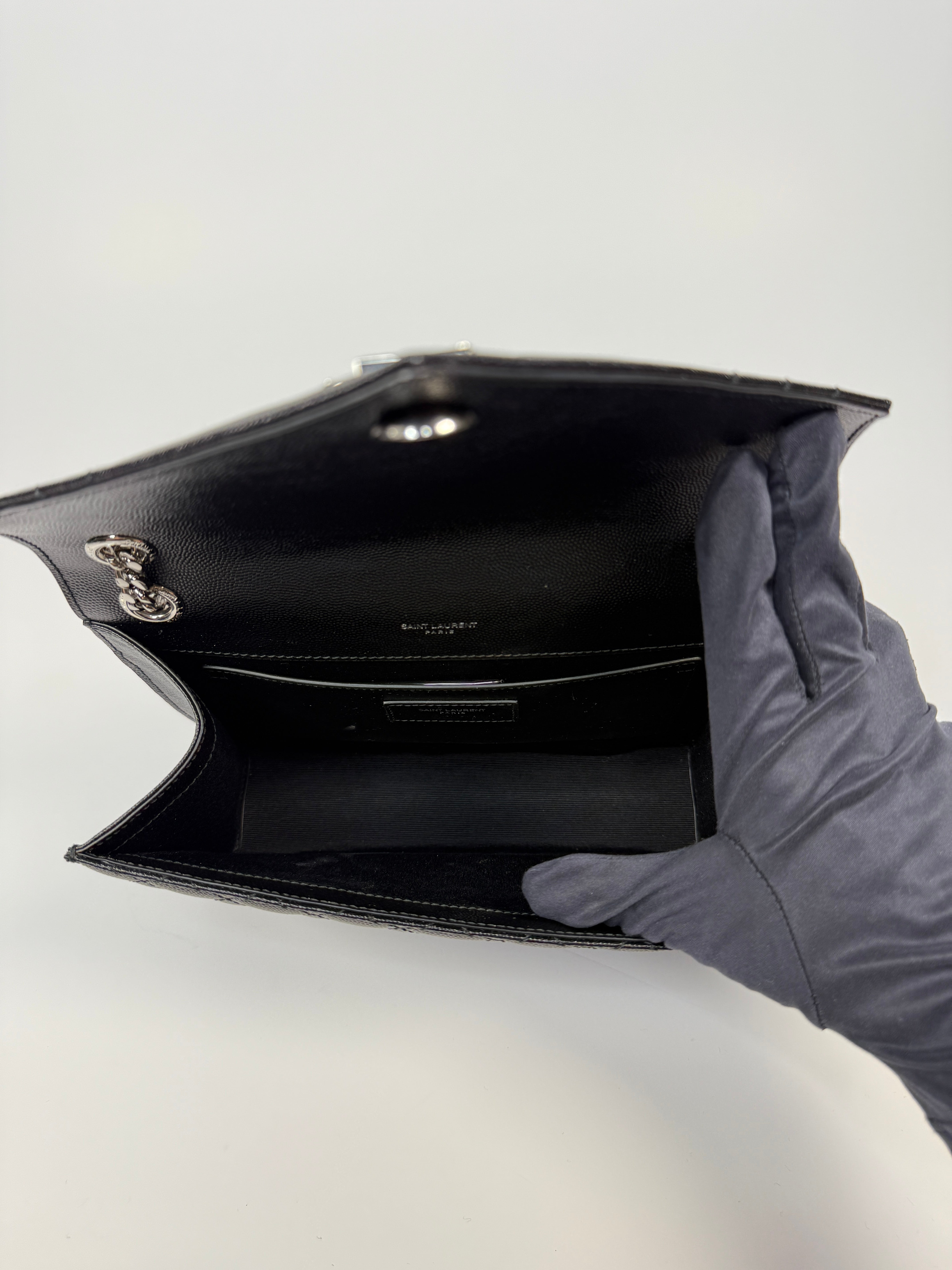 Saint Laurent Medium Envelope Bag In Blacked Grained Leather With Silver Hardware. Authentic and preloved. Excellent Condition