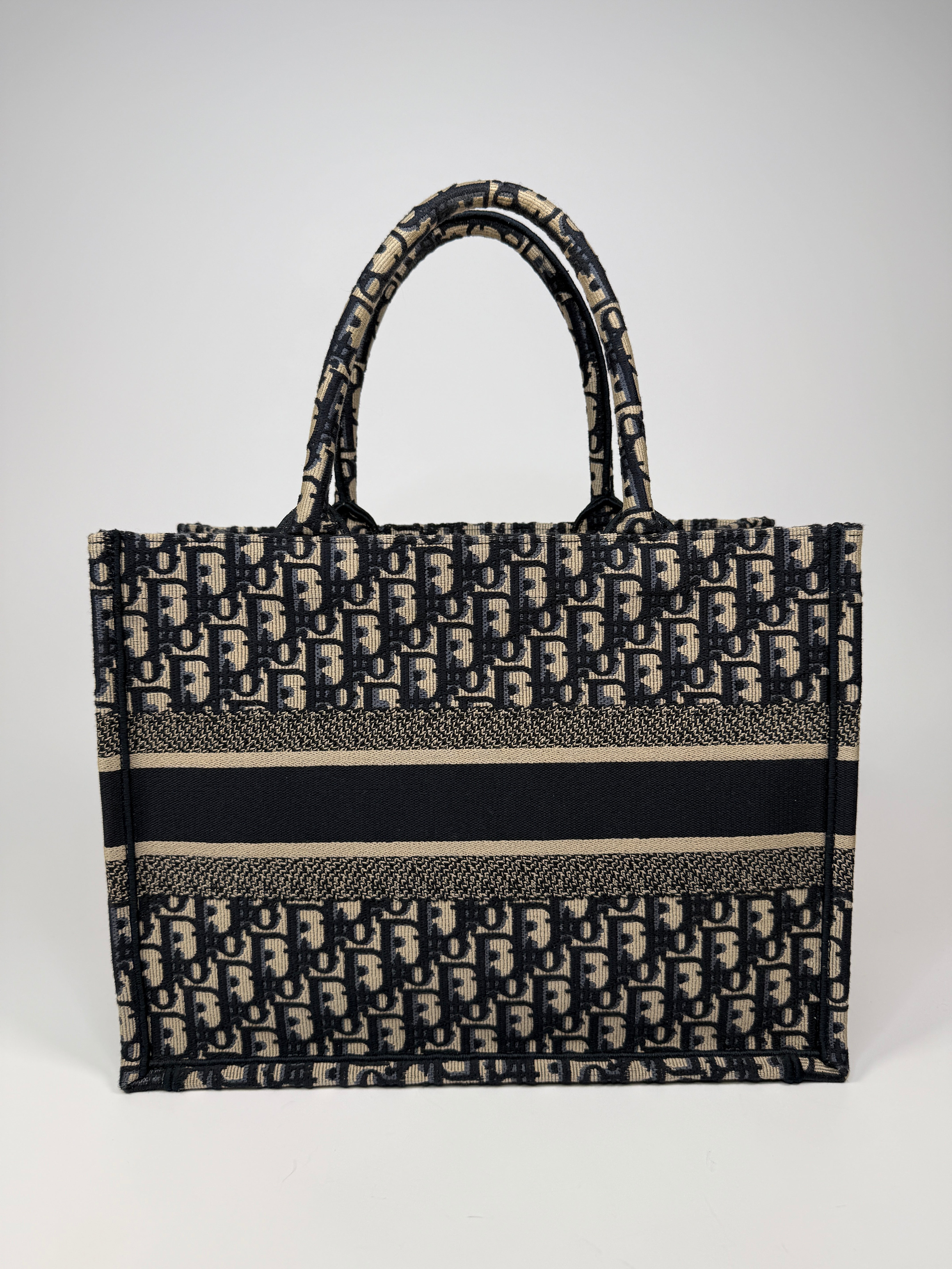 Christian Dior Medium Oblique Book Tote in navy & Ecru. Authentic and preloved. Excellent condition
