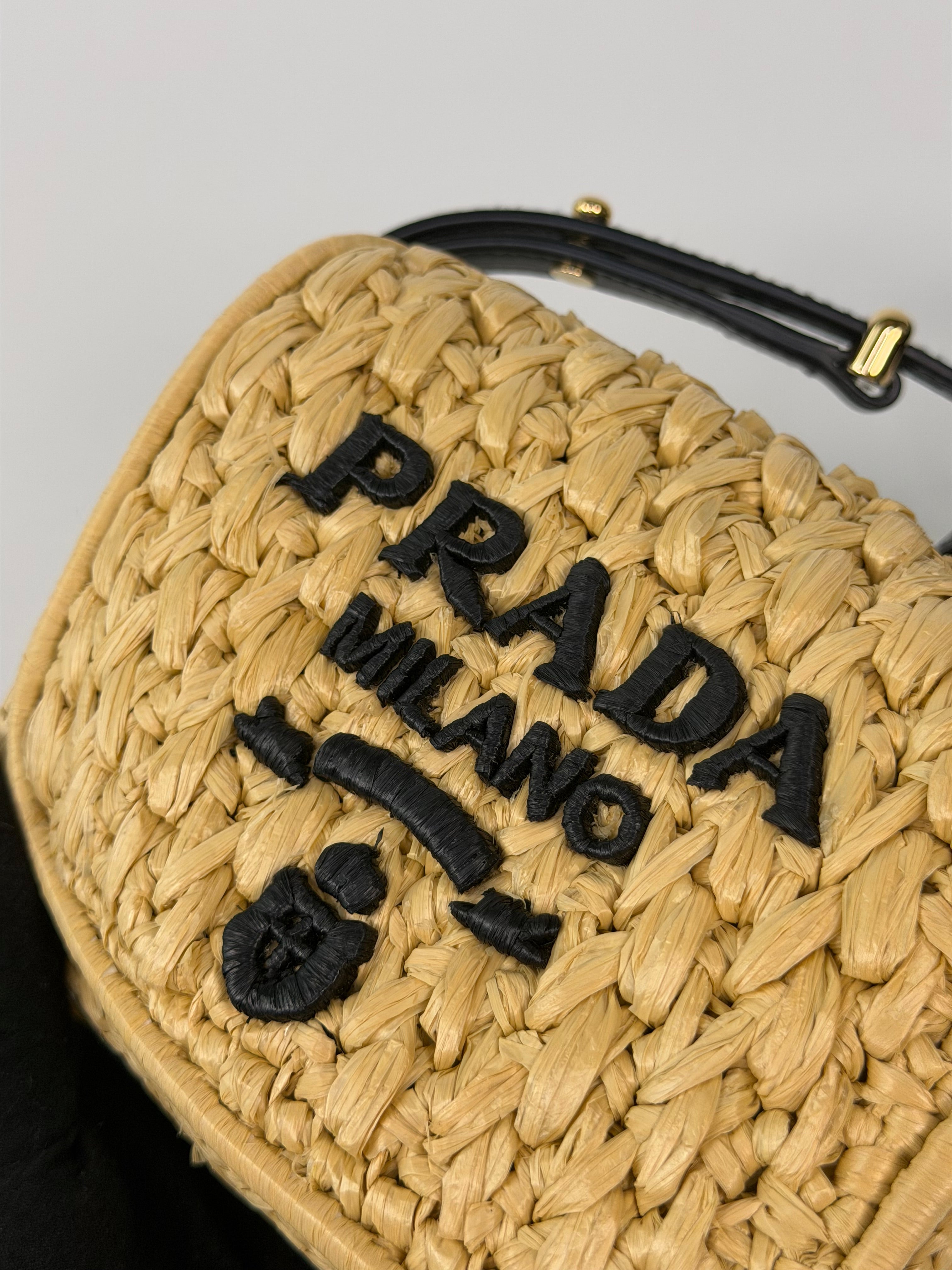 Prada Small Logo Shoulder Bag In Natural Raffia With Gold Hardware