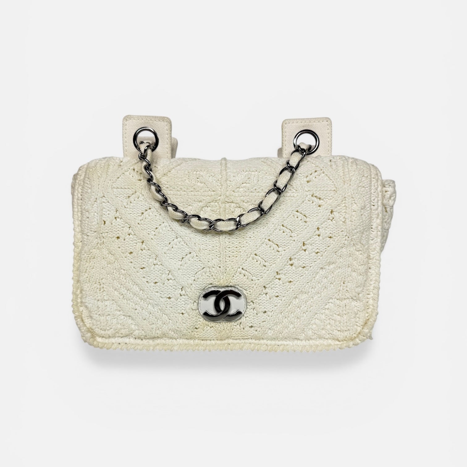 Chanel Vintage White Crotchet Flap Bag With Silver Hardware