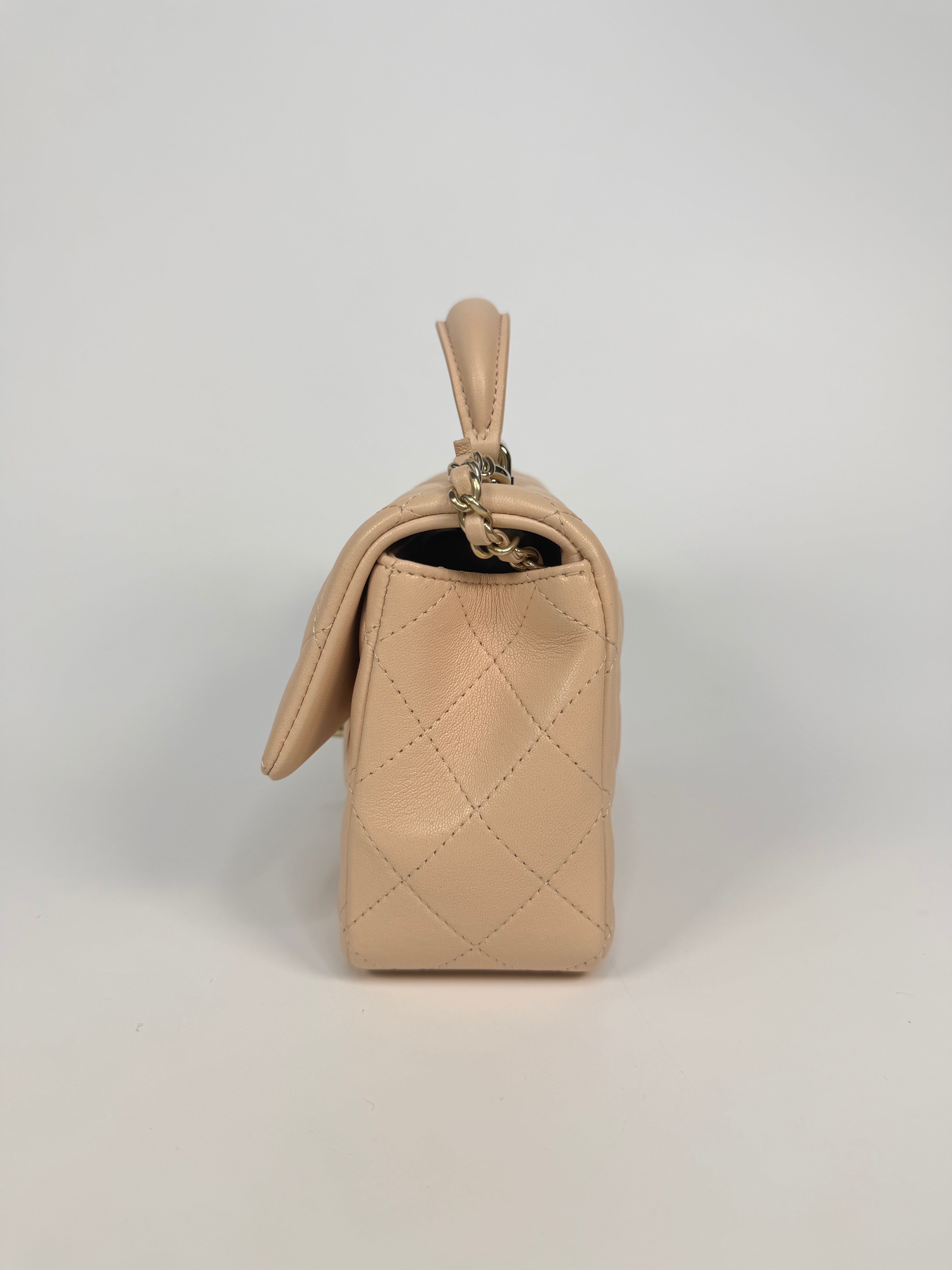 Chanel Mini Rectangle Top Handle In Light Beige Lambskin Leather With Gold Hardware