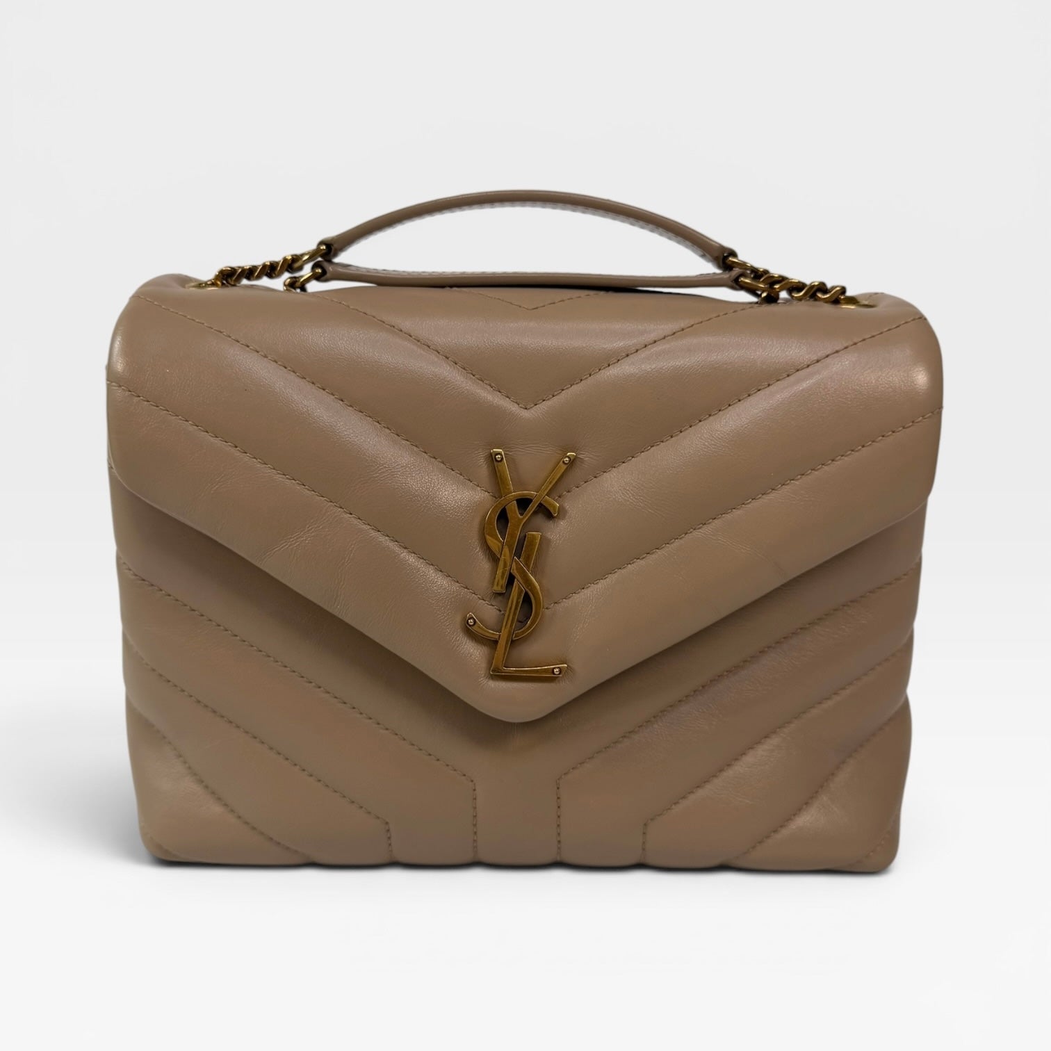 Saint Laurent Small Loulou In Dark Beige Leather With Gold Hardware. 100% authentic and preloved in excellent condition