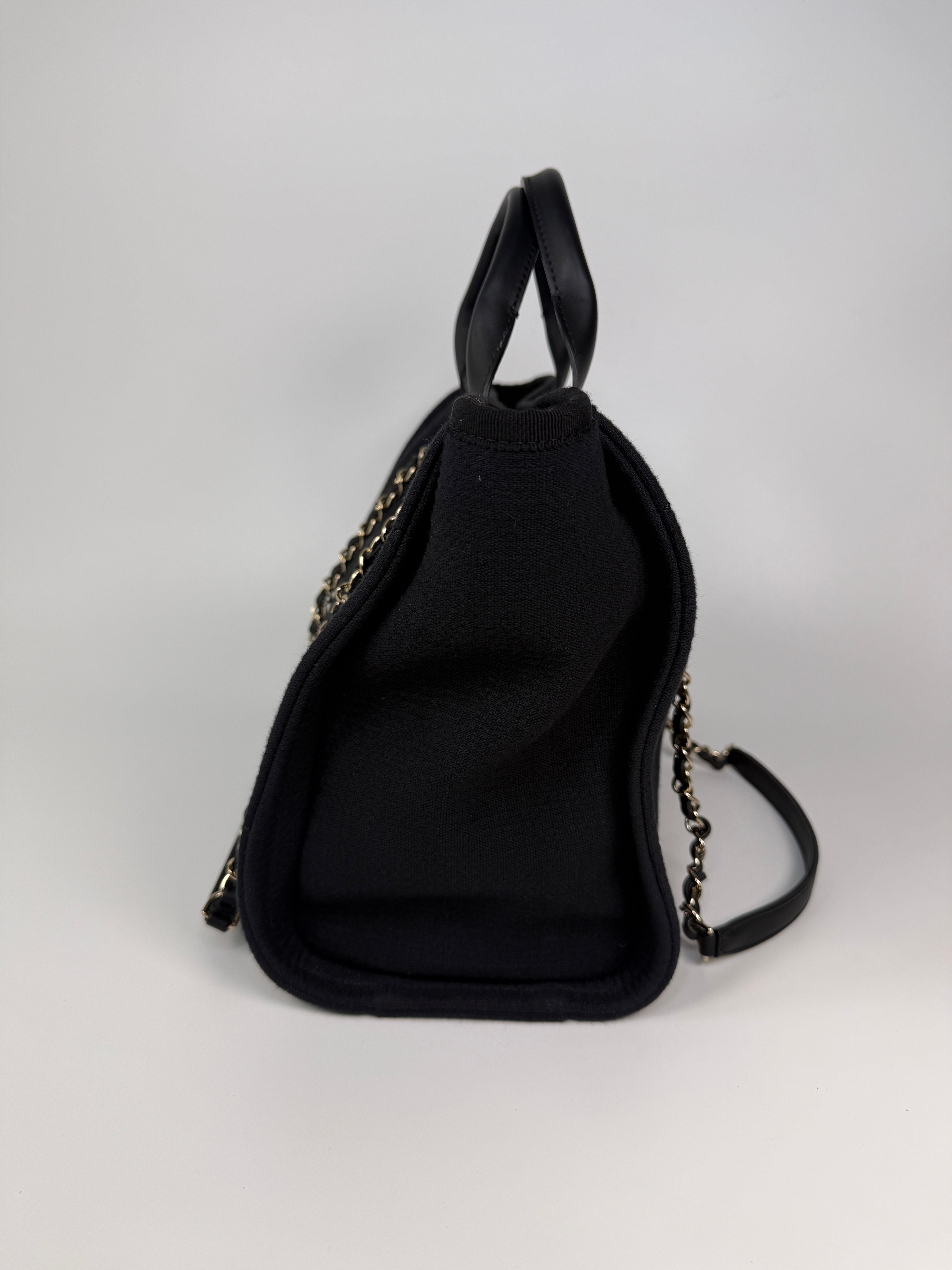 Chanel Small Deauville Tote Bag In Black With Pale Gold Hardware