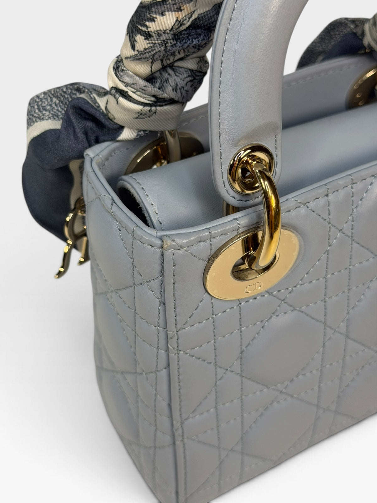 Christian Dior Mini Lady Dior In Pale Blue Cannage Leather With Pale Gold Hardware. 100% Authentic and Preloved in excellent condition. 100% Guarantee