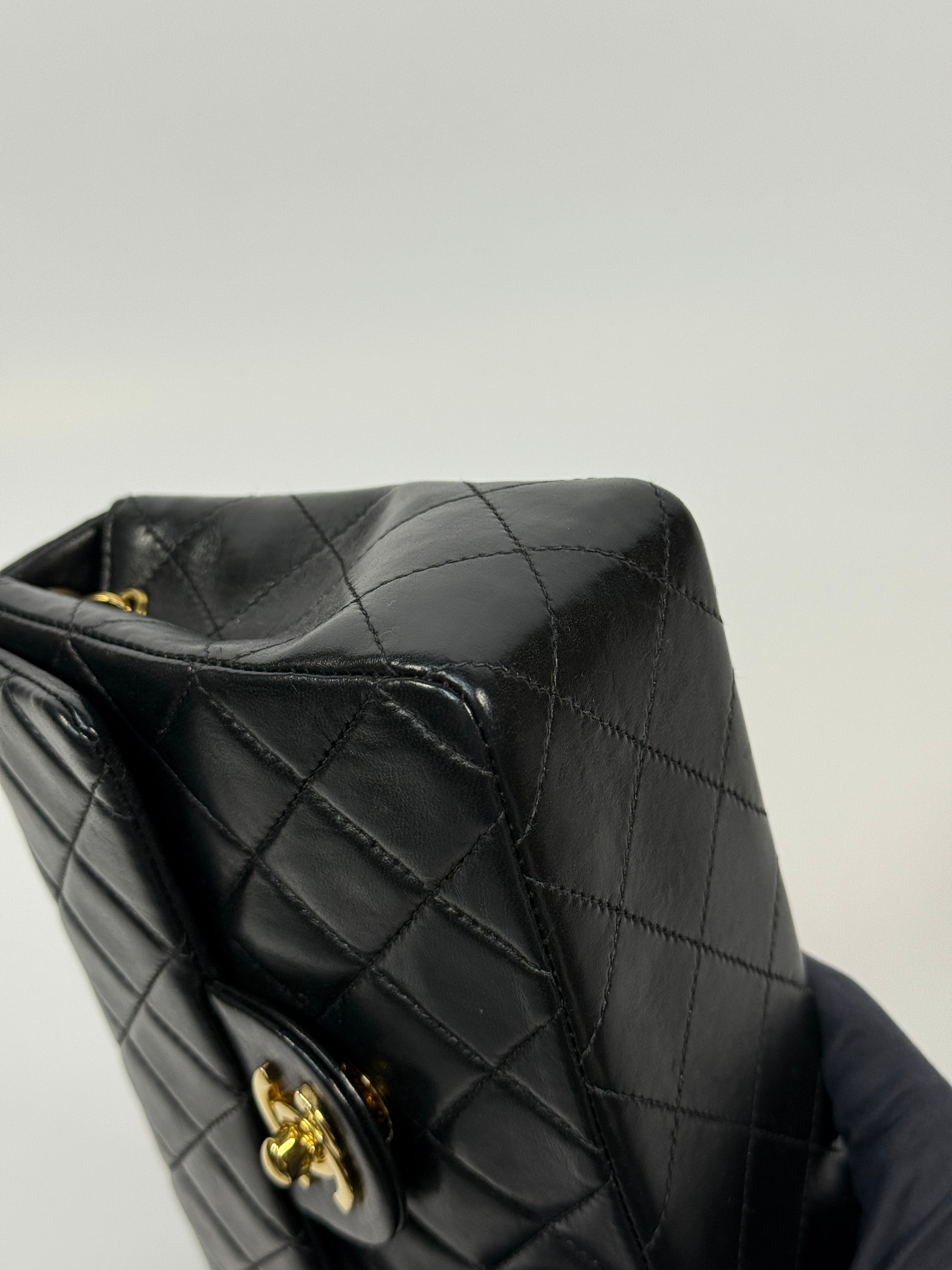 Chanel Black Square Vintage Flap Bag In Lambskin With Gold Hardware
Pre Loved & Authentic