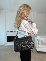 Chanel Black Lambskin Leather Jumbo Classic Double Flap GHW