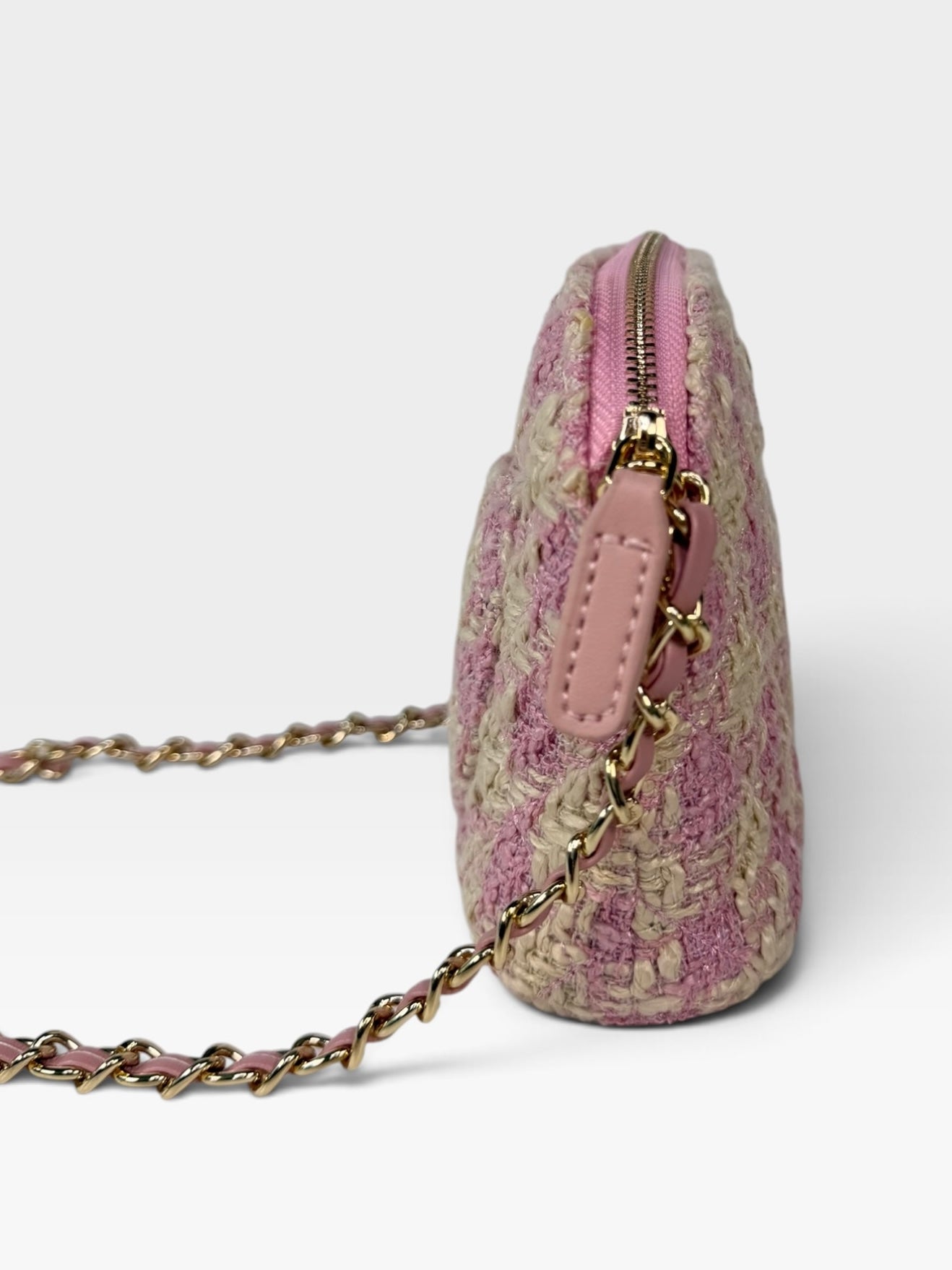 Chanel Mini Pouch On Chain Bag In Pink Tweed With Gold Hardware. 100% authentic and preloved in excellent condition.