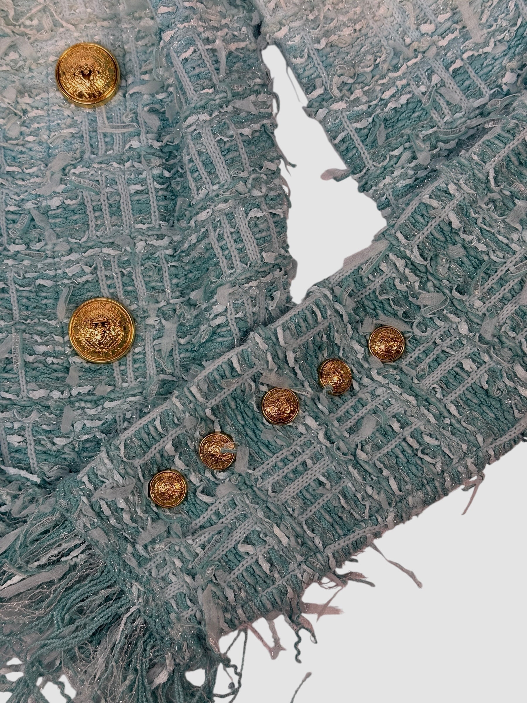 Balmain Fringe Dip Dye Tweed Jacket In Turquoise (Size34/UK6)