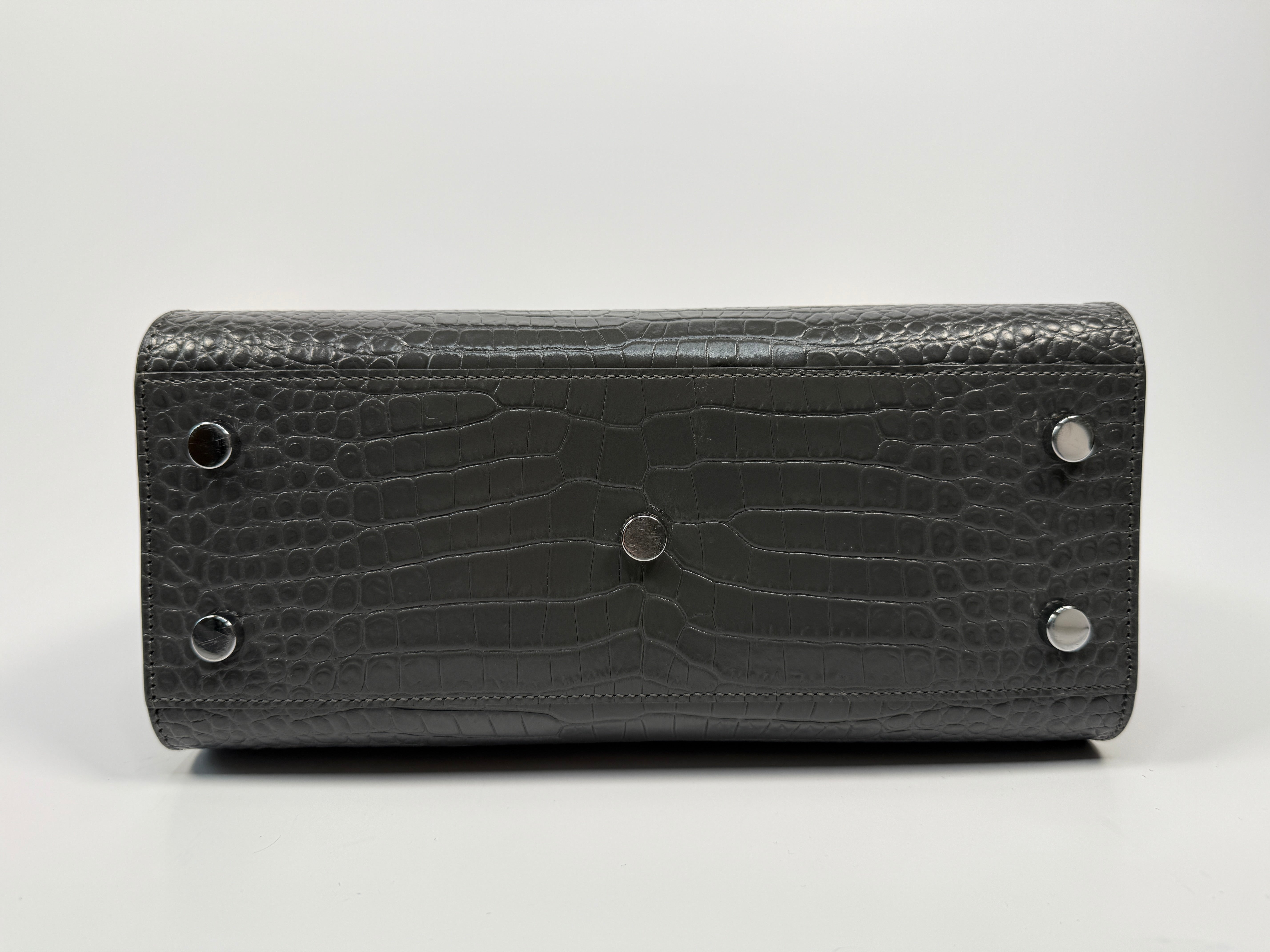 Saint Laurent Small Sac De Jour In Grey Croc Embossed Leather With Silver hardware, authentic and preloved in excellent condition