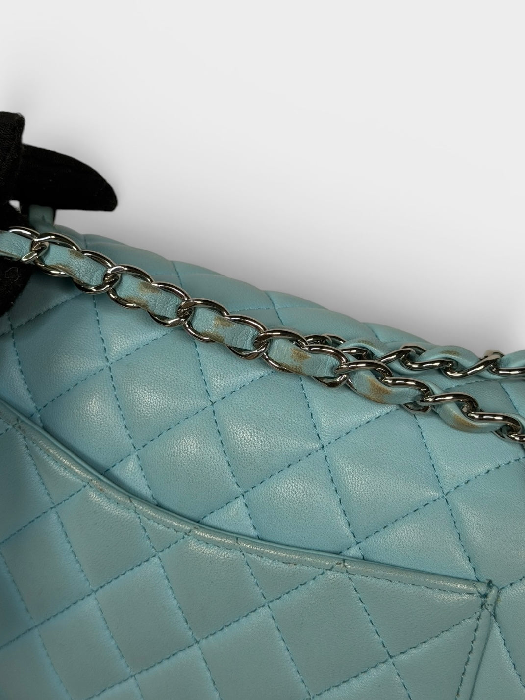 Chanel Medium Double Classic Flap Light Blue Silver Hardware. Authentic and preloved in good condition.