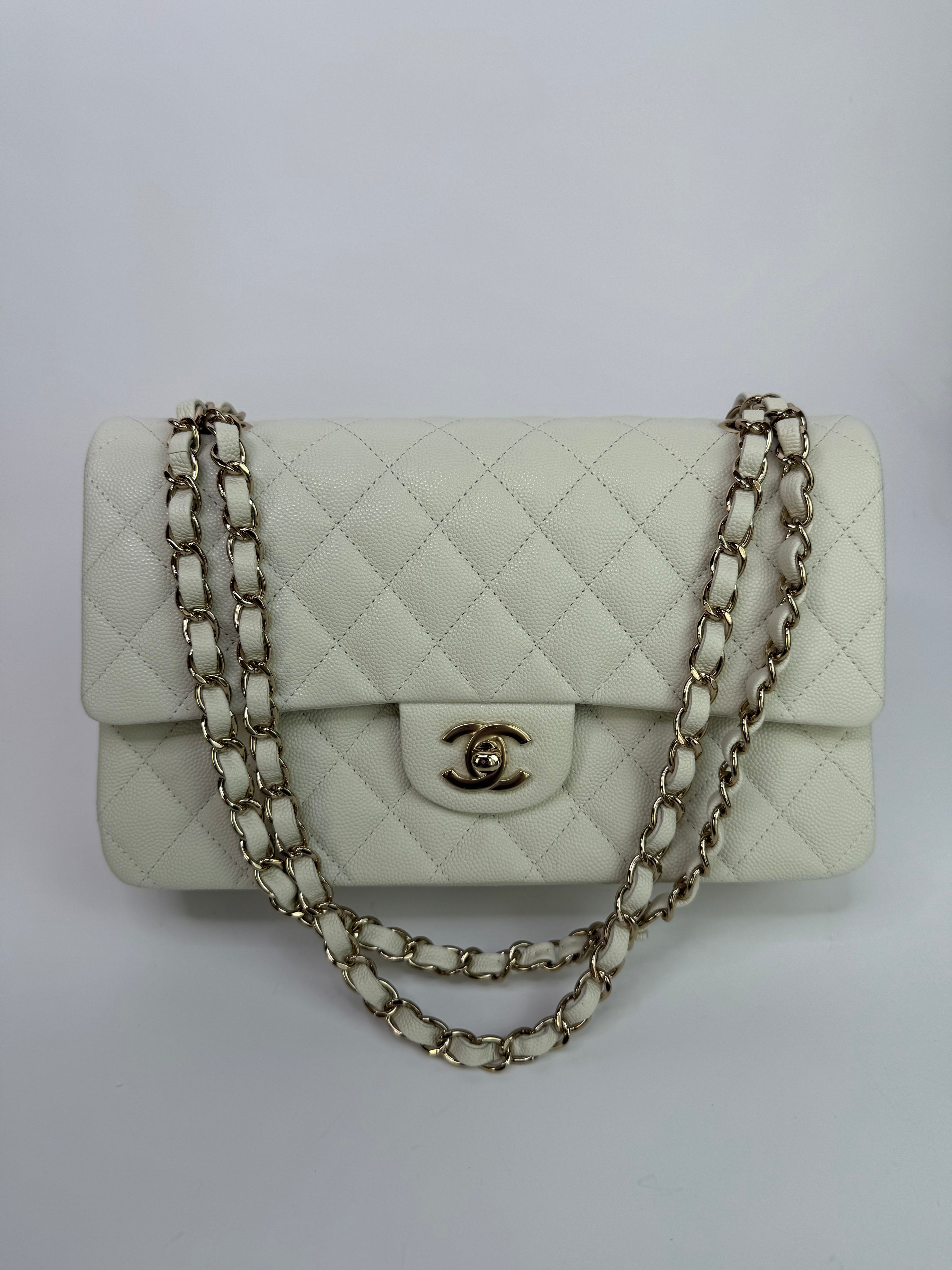 Chanel Medium Classic Double Flap White Caviar Leather With GHW