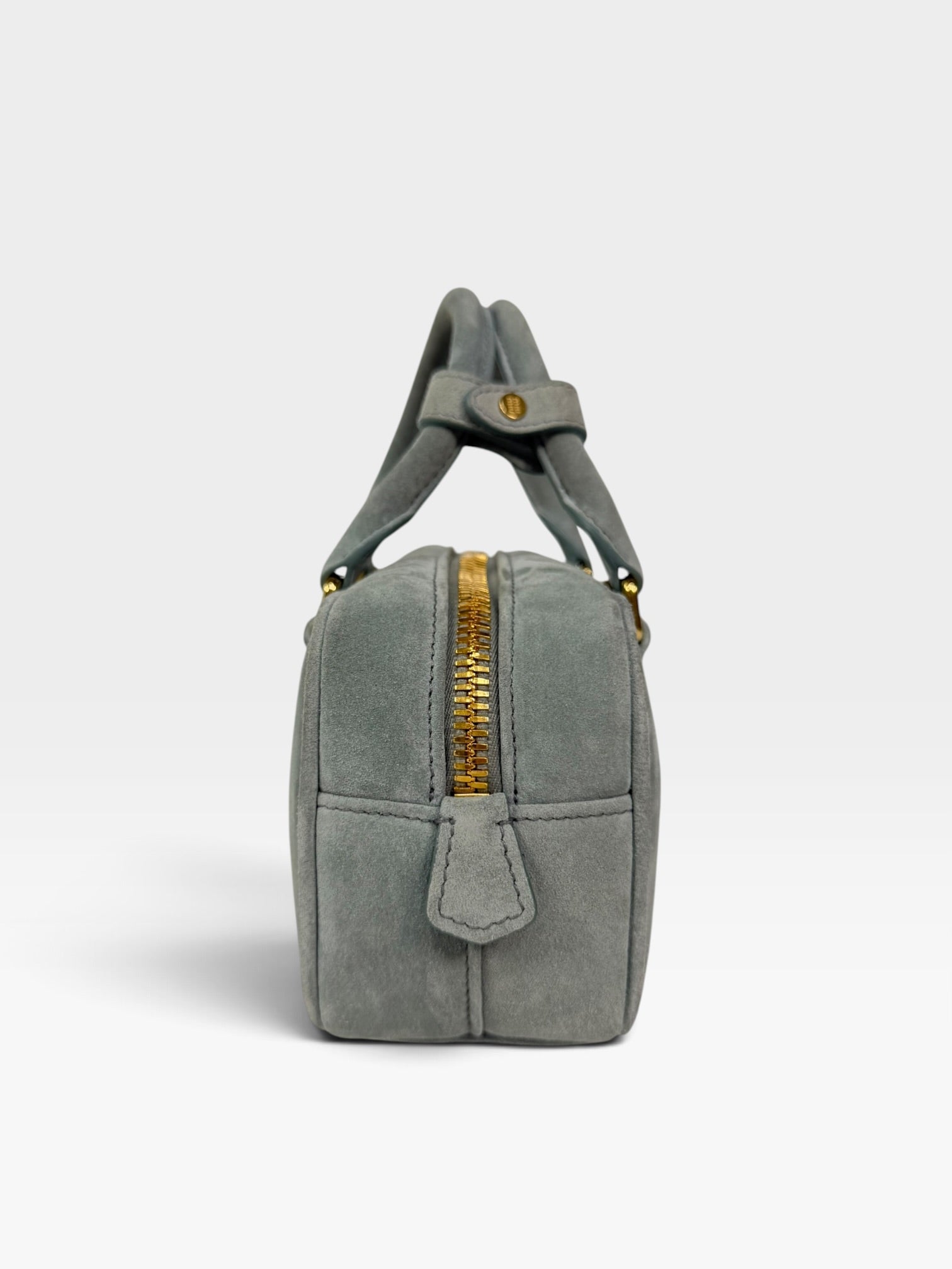 Miu Miu Arcadie Padded Top Handle In Powder Blue Suede Gold Hardware. 100% authentic and preloved in new & unused condition.