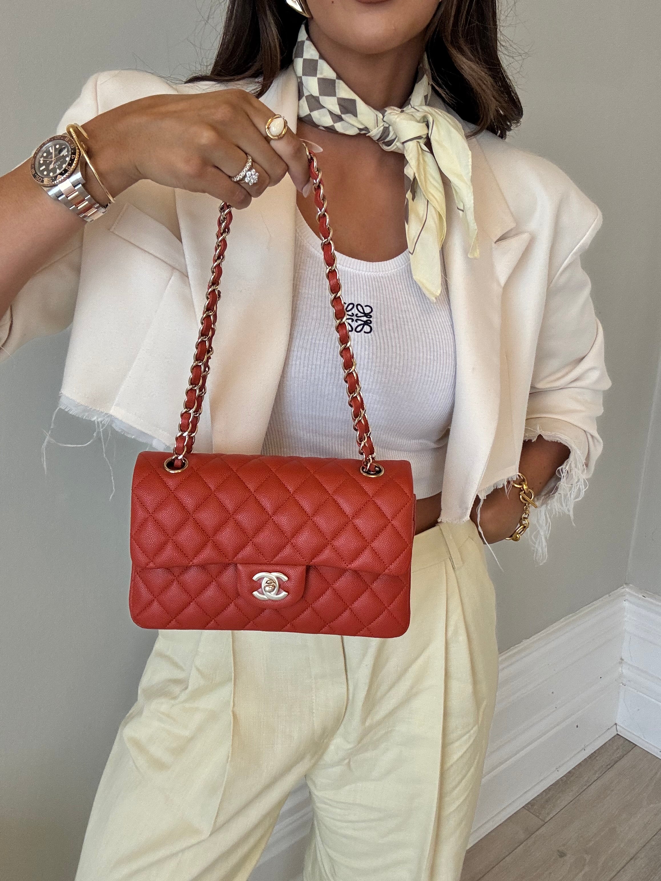 Chanel Small Classic Double Flap In Orange/Red Caviar Leather With PGHW
