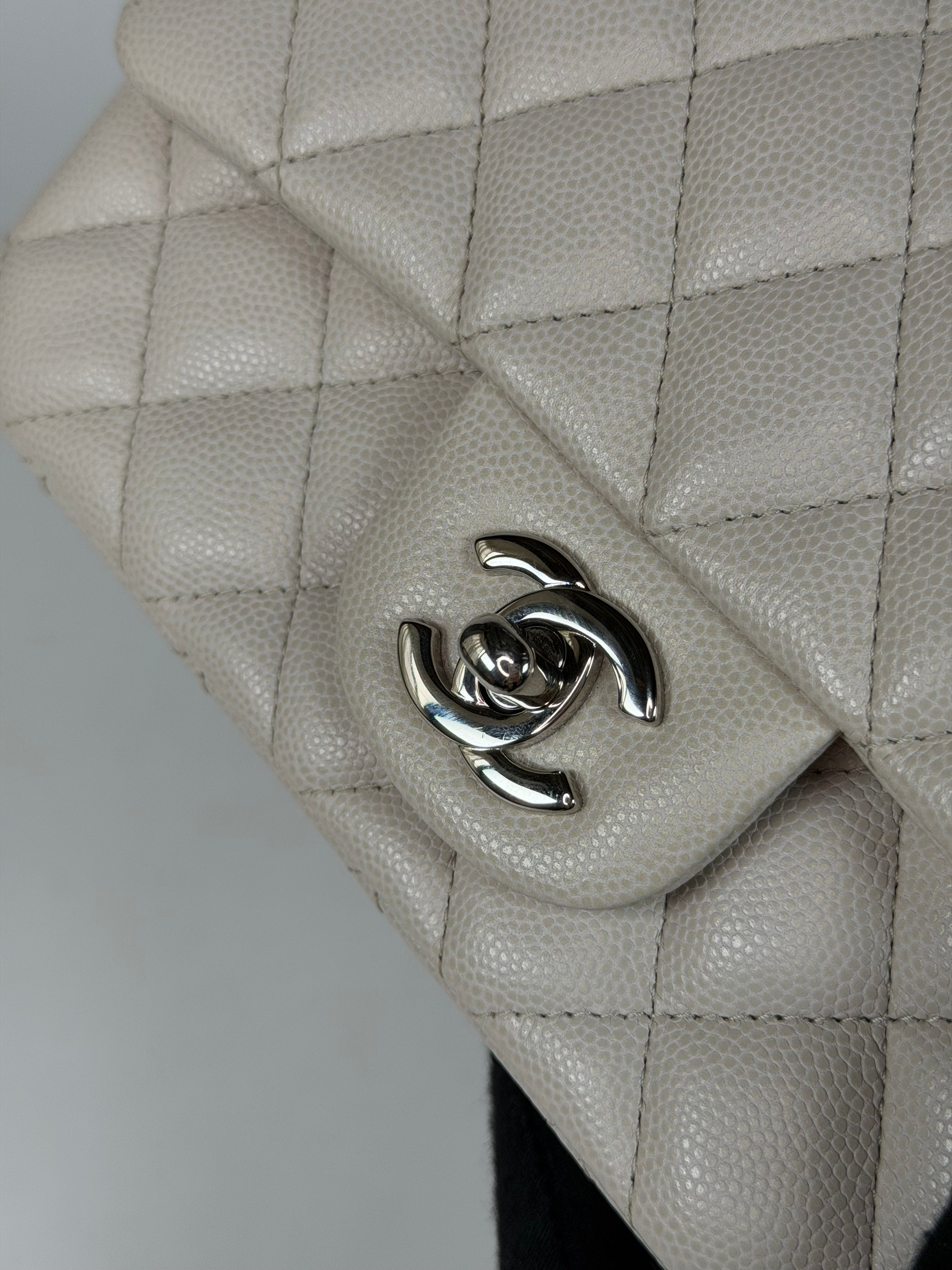 Chanel Mini Rectangle Pale Grey Caviar Leather With Silver Hardware in excellent condition 100% authentic and preloved