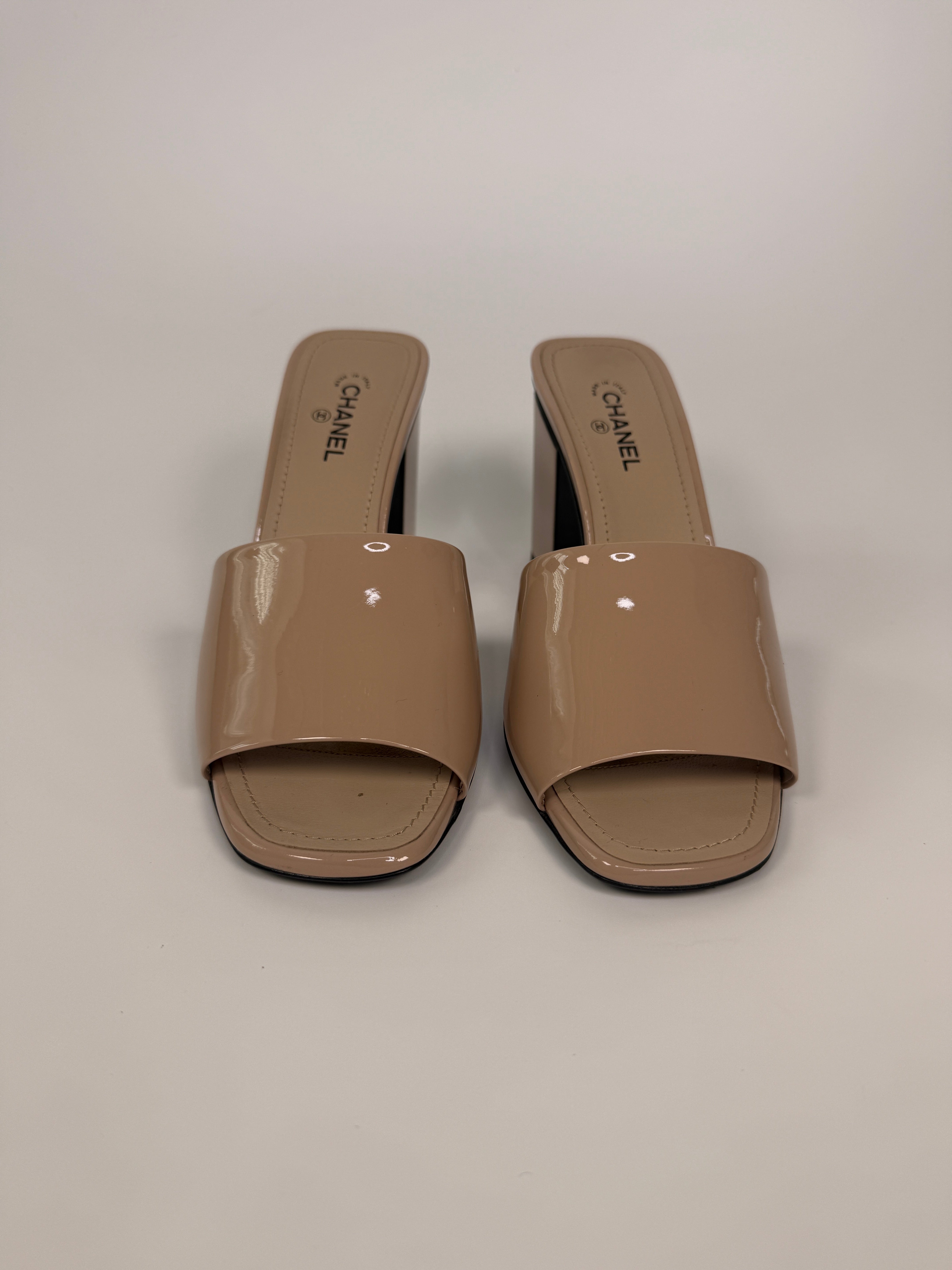 Chanel Heeled Mules In Nude Patent Leather (Size 37.5/UK4.5)