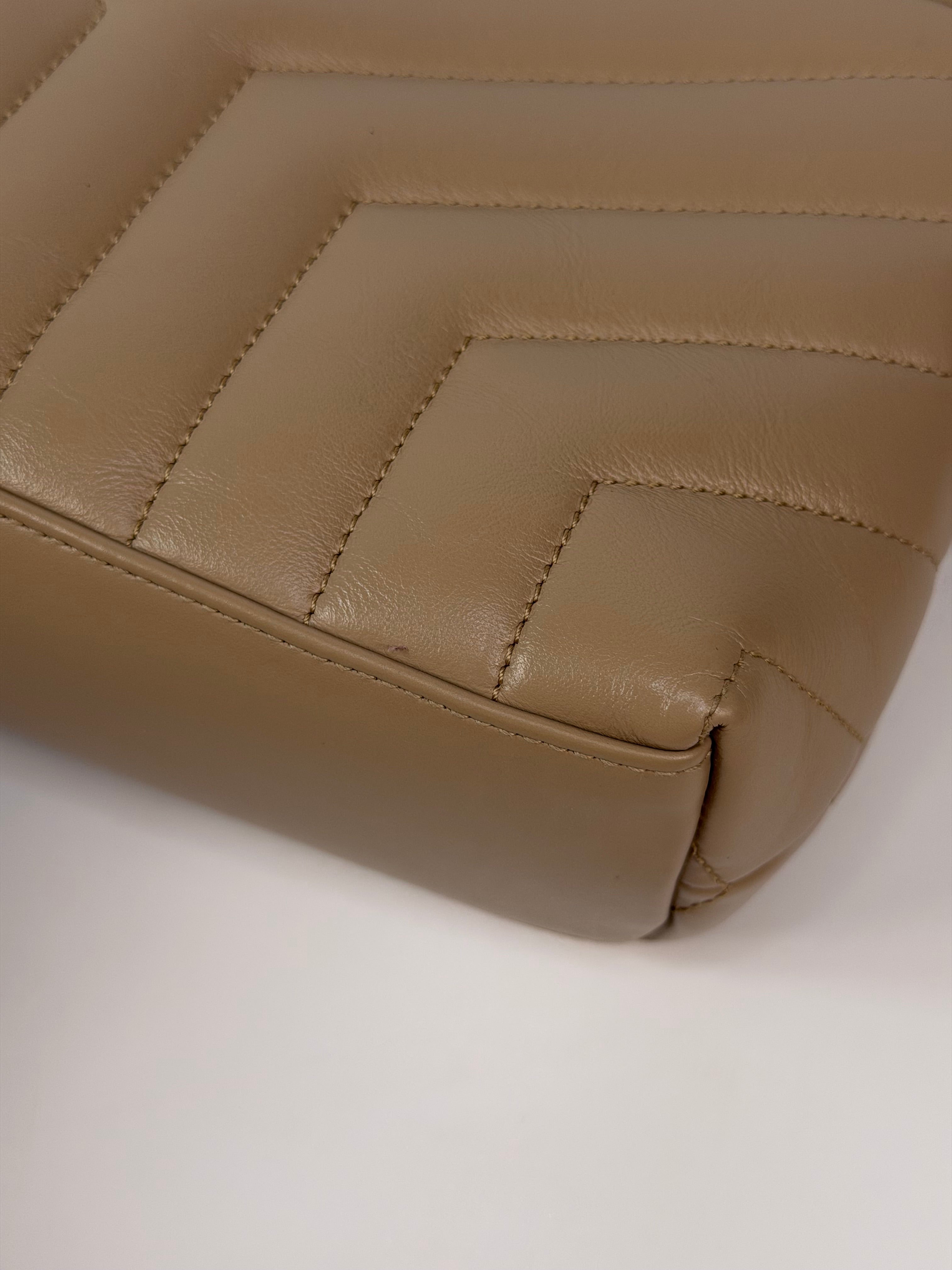 Saint Laurent Small Loulou In Dark Beige Leather With Gold Hardware. 100% authentic and preloved in excellent condition