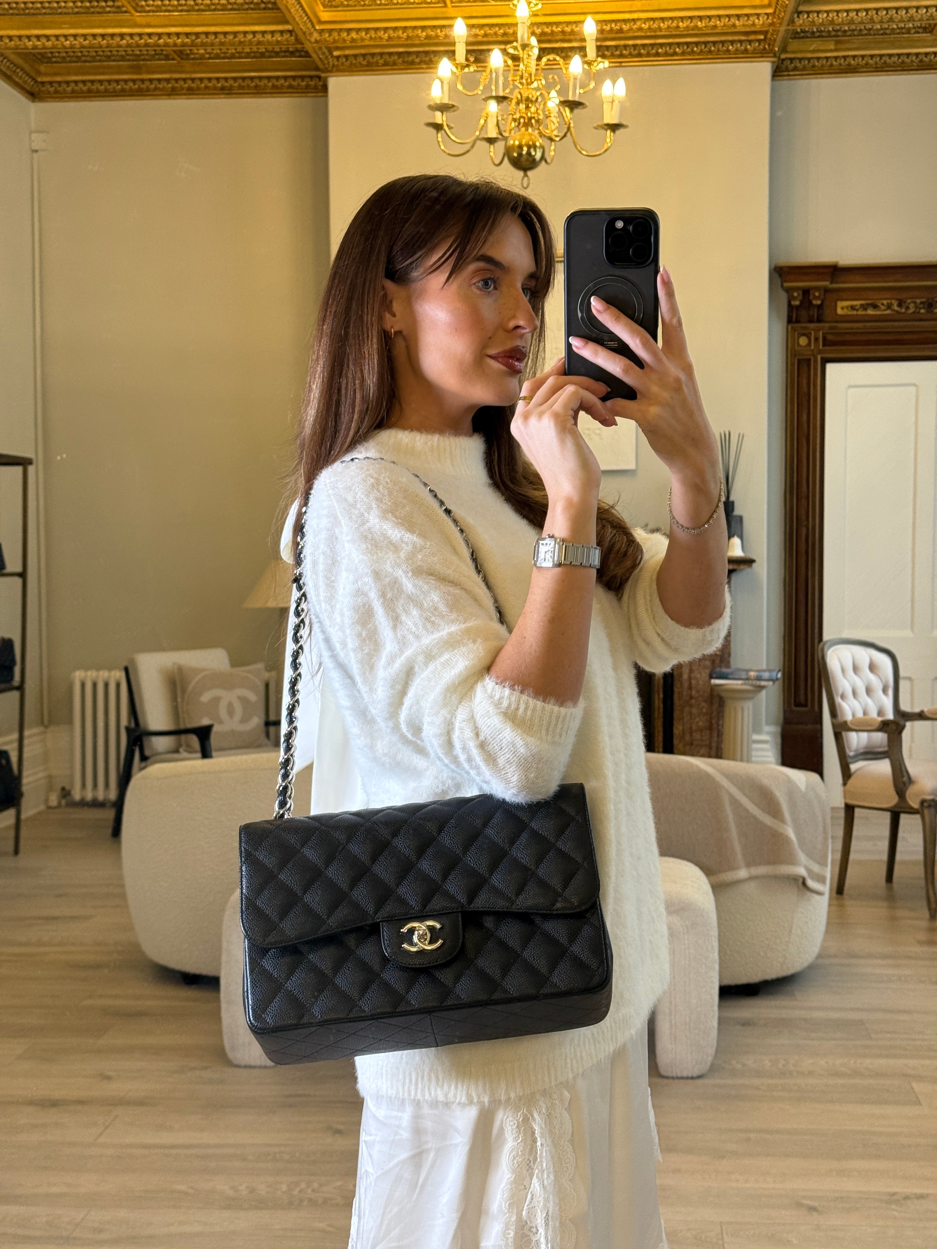 Chanel Classic Jumbo Flap Bag In Black Caviar Leather With Silver Hardware. Authentic and preloved. Excellent condition.