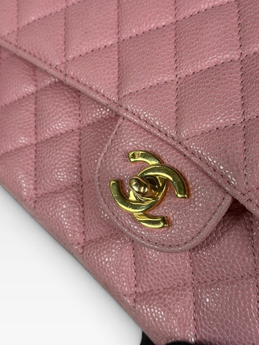 Chanel Vintage Medium Classic Double Flap In Pink Caviar Leather With 24Kt Gold Hardware 100% authentic and preloved in excellent condition
