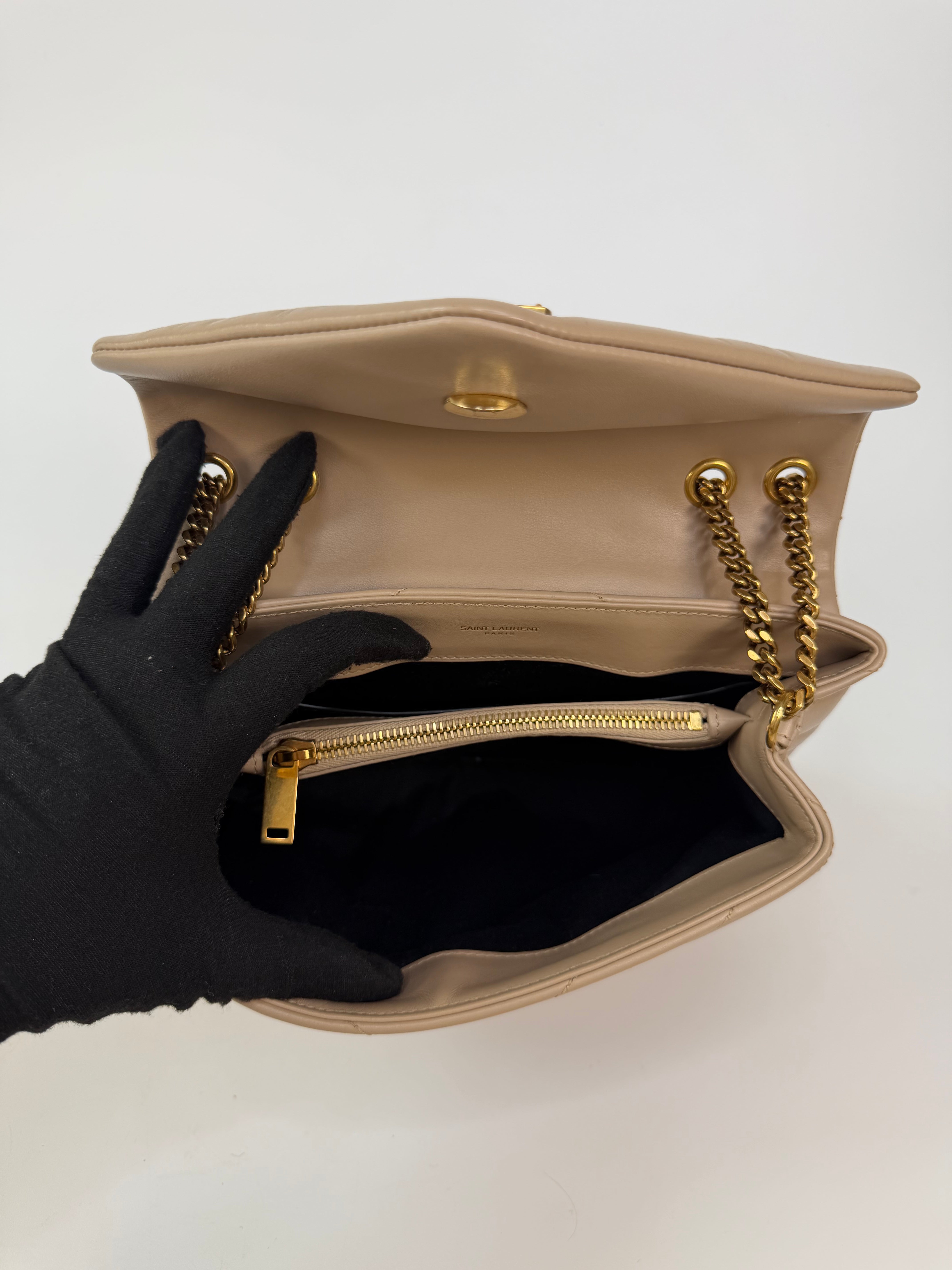 Saint Laurent Small Loulou In Dark Beige Leather With Gold Hardware. 100% authentic and preloved in excellent condition