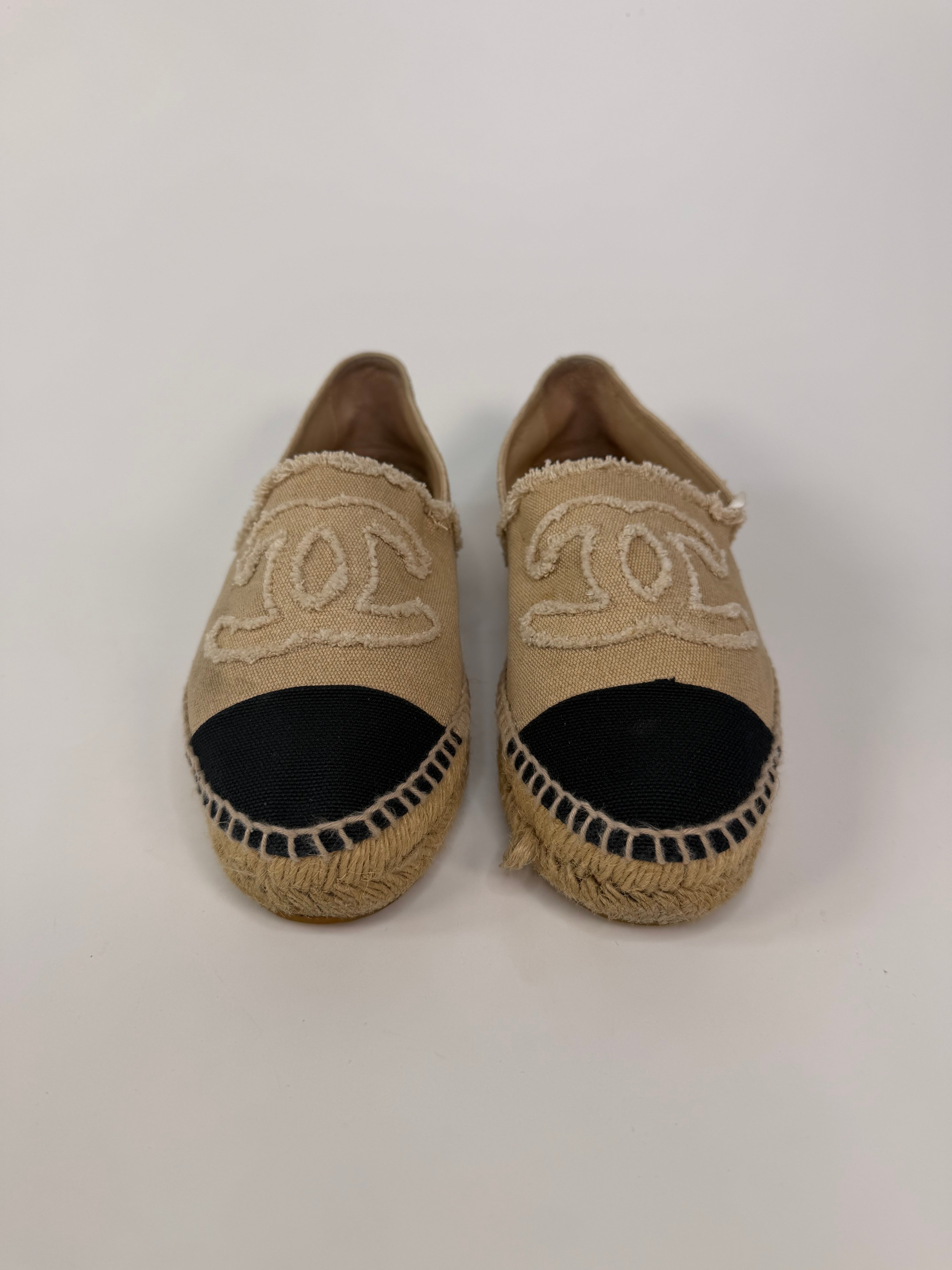 Chanel Espadrilles In Black & Beige Embroidered Fabric (Size 36/ UK3). 100% authentic and preloved in excellent condition