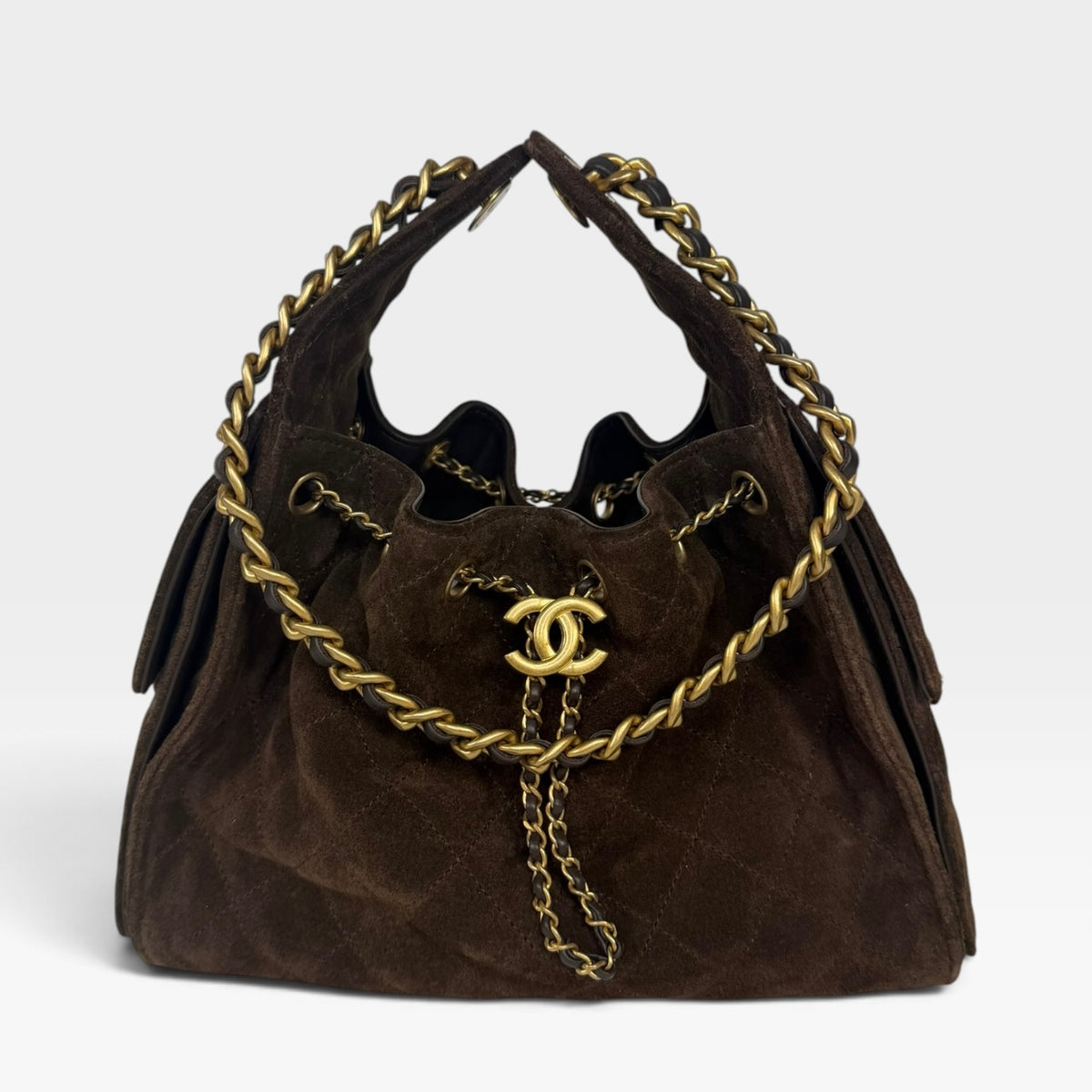 Chanel 25 Small In Brown Suede With Gold Hardware. 100% authentic and preloved in excellent condition