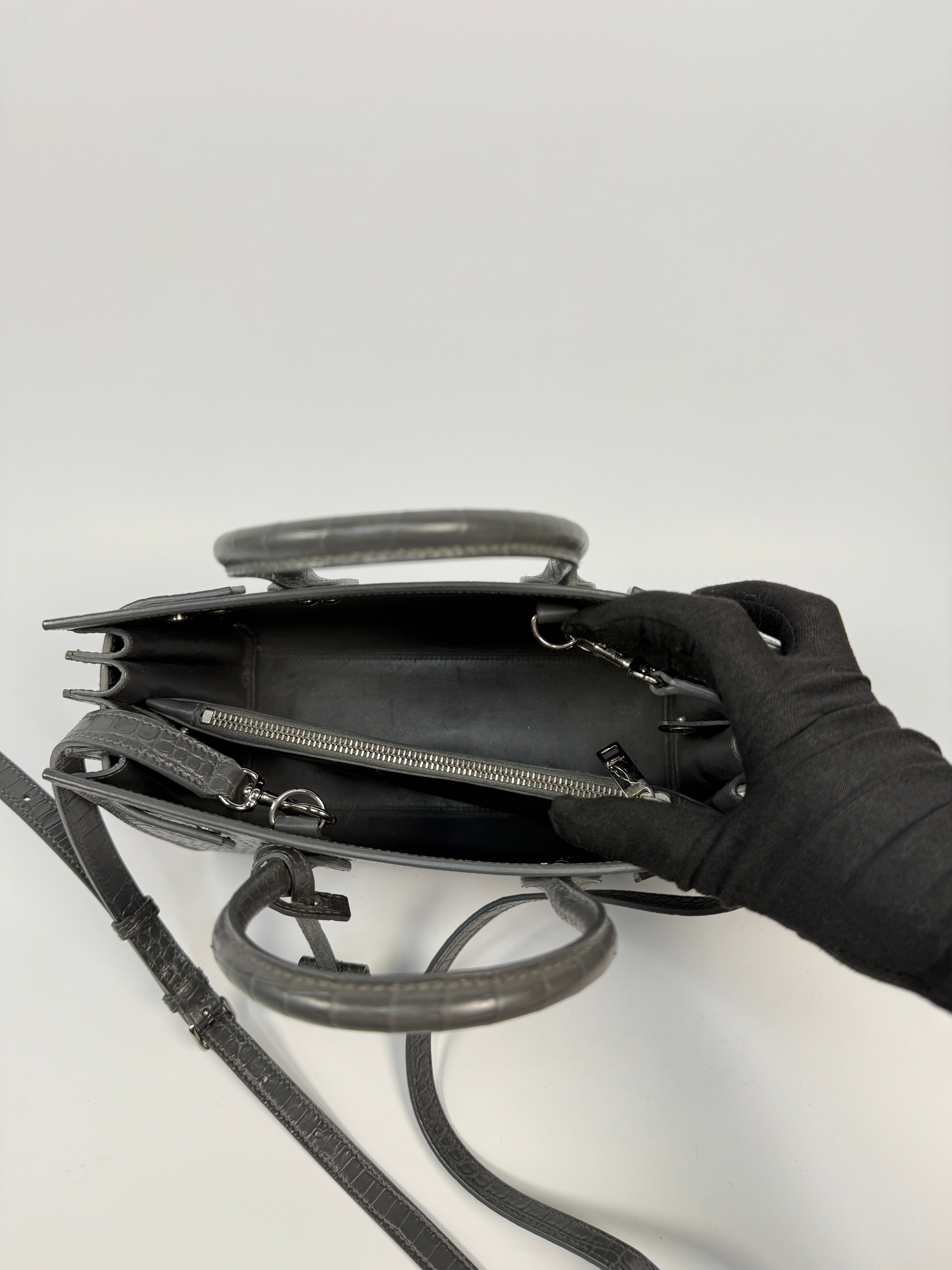 Saint Laurent Small Sac De Jour In Grey Croc Embossed Leather With Silver hardware, authentic and preloved in excellent condition