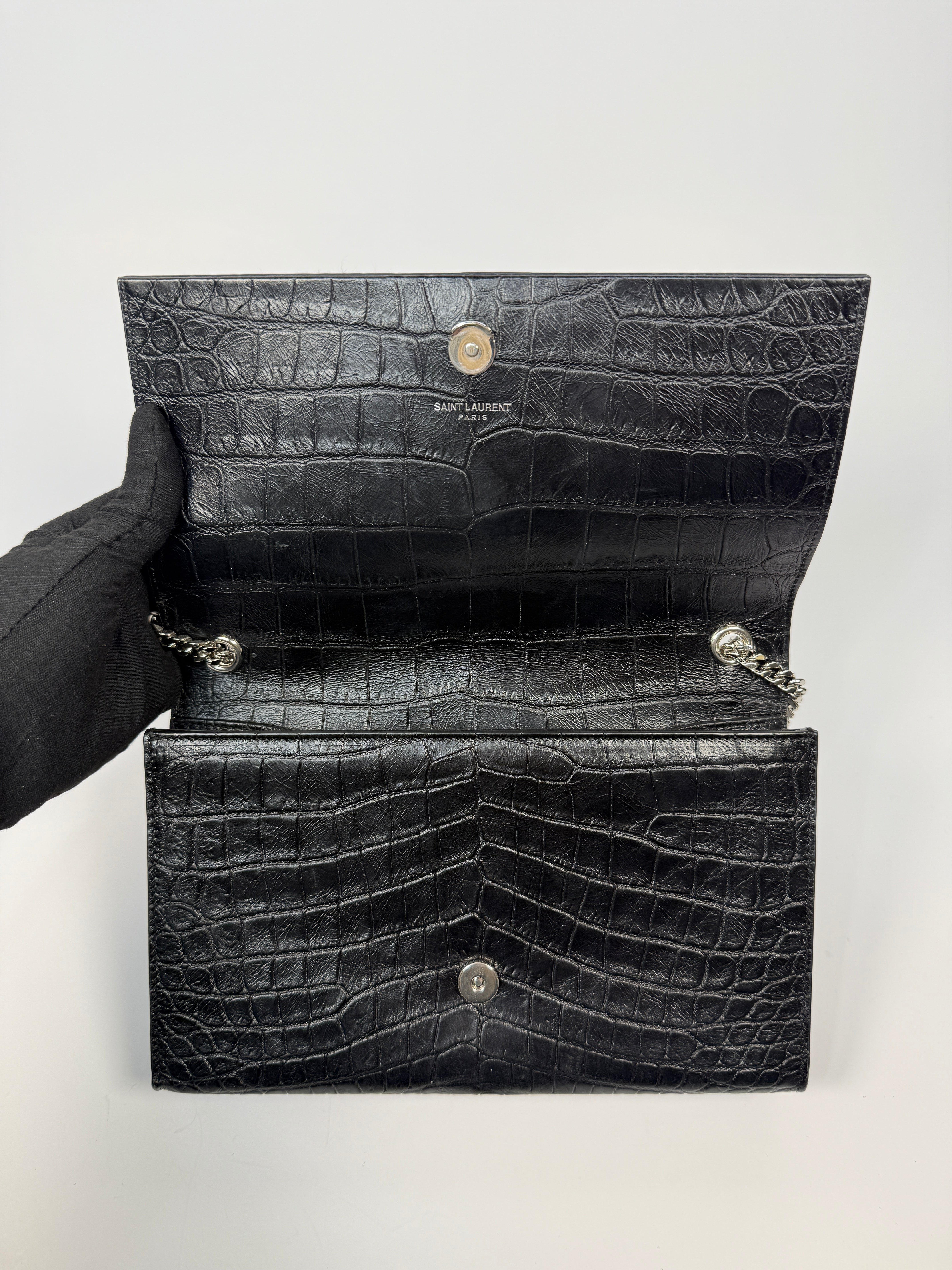 Saint Laurent Black Croc Embossed Kate Tassel Bag With Silver Hardware. Authentic and preloved in excellent condition.