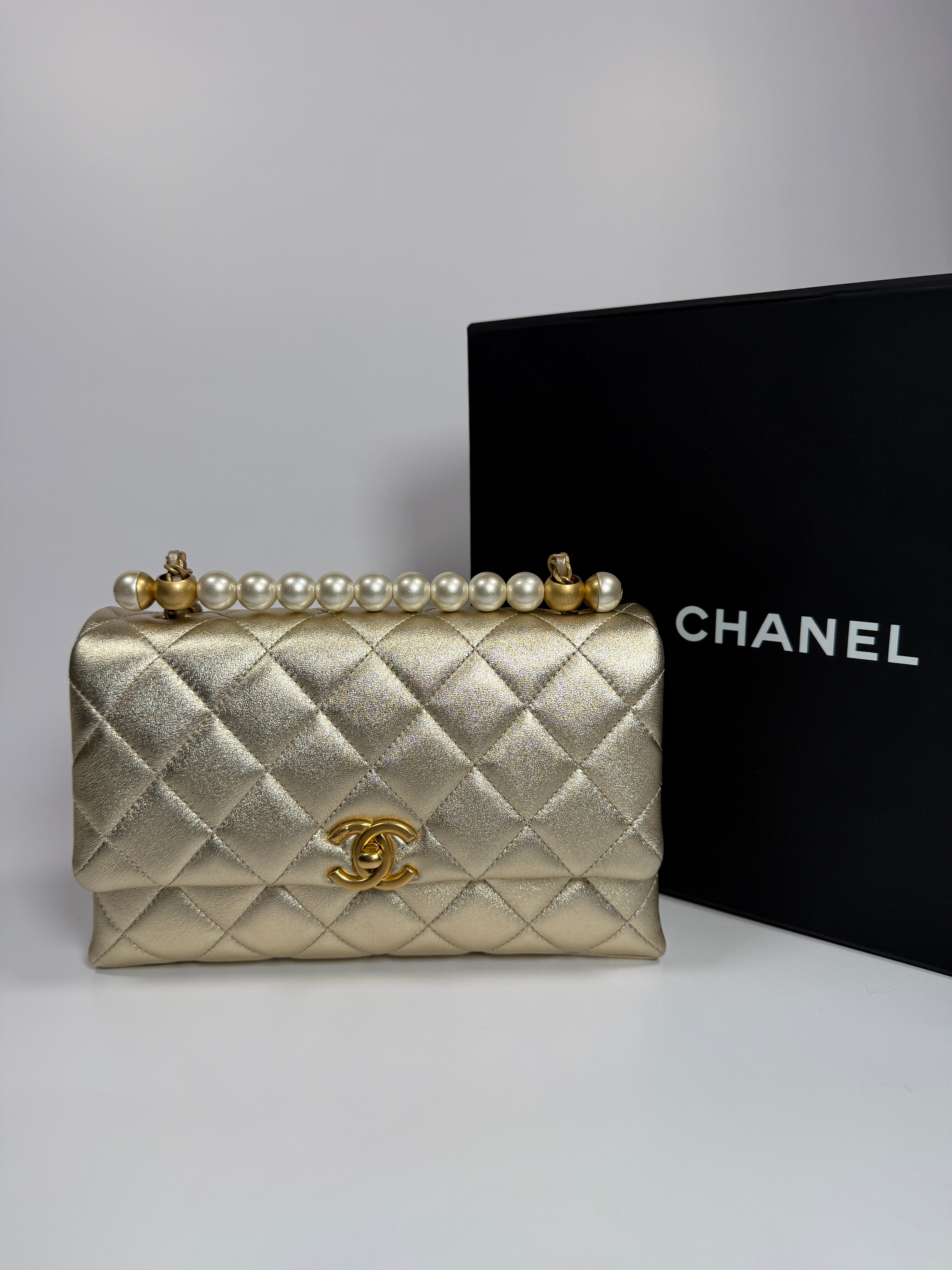 Chanel Mini Pearl Top Handle Flap Bag Metallic Gold Lambskin With Gold Hardware Pre Loved Authentic