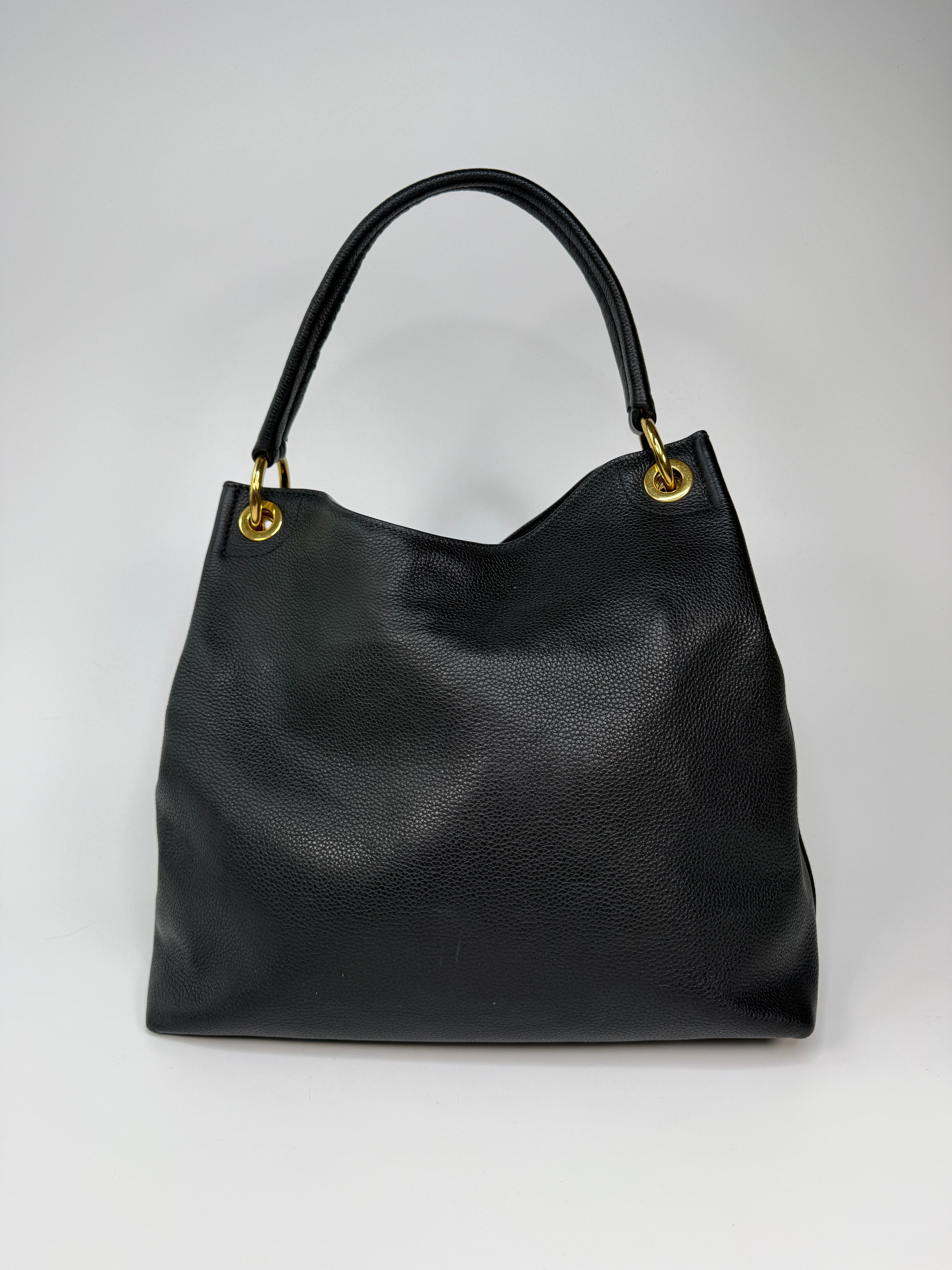 Prada Vitello Phenix Black Leather Logo Embossed Hobo Tote Bag