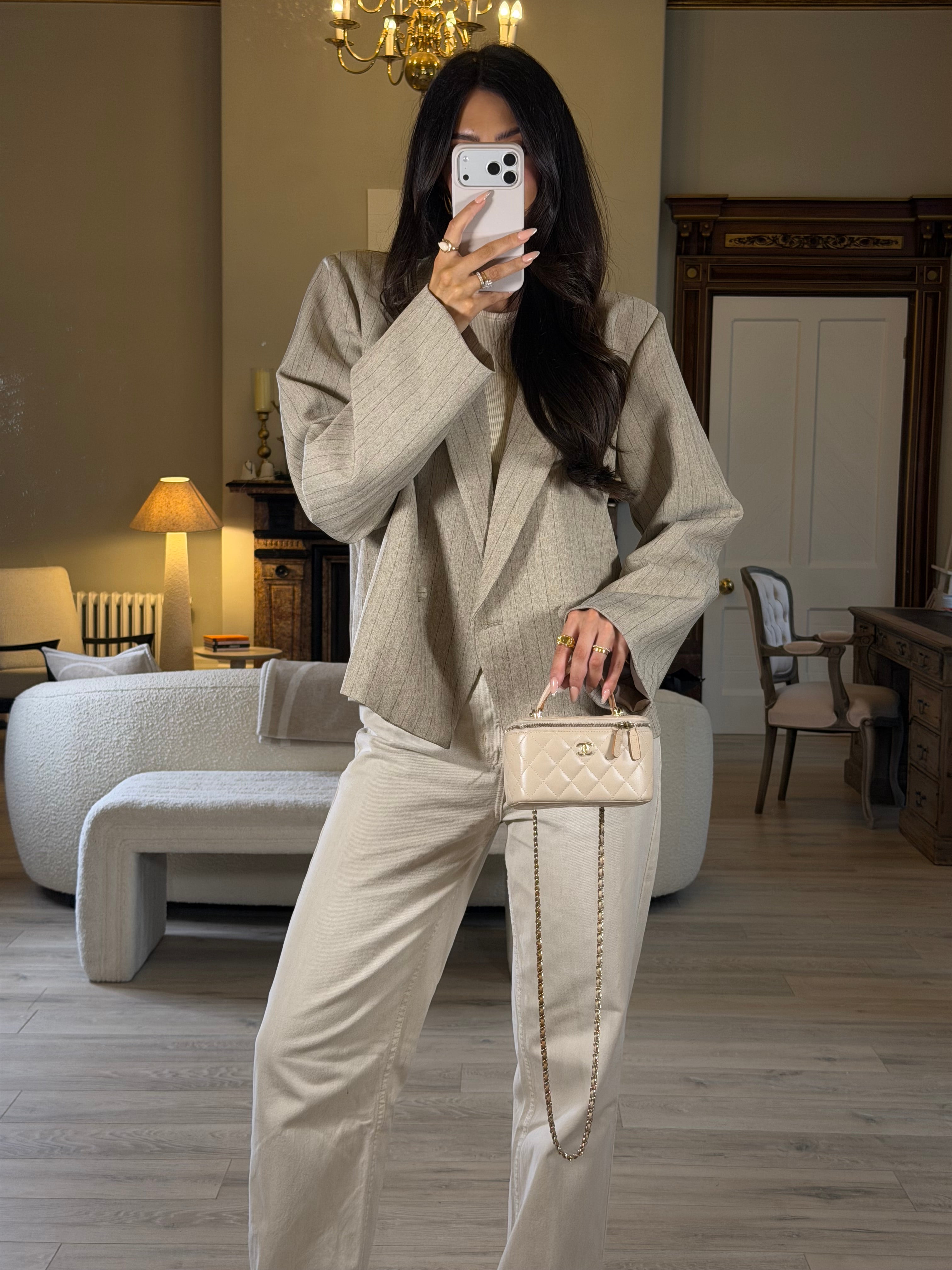 Chanel Vanity Rectangular Top Handle Ecru/Beige Lambskin With Gold Hardware Authentic and preloved. Excellent condition.