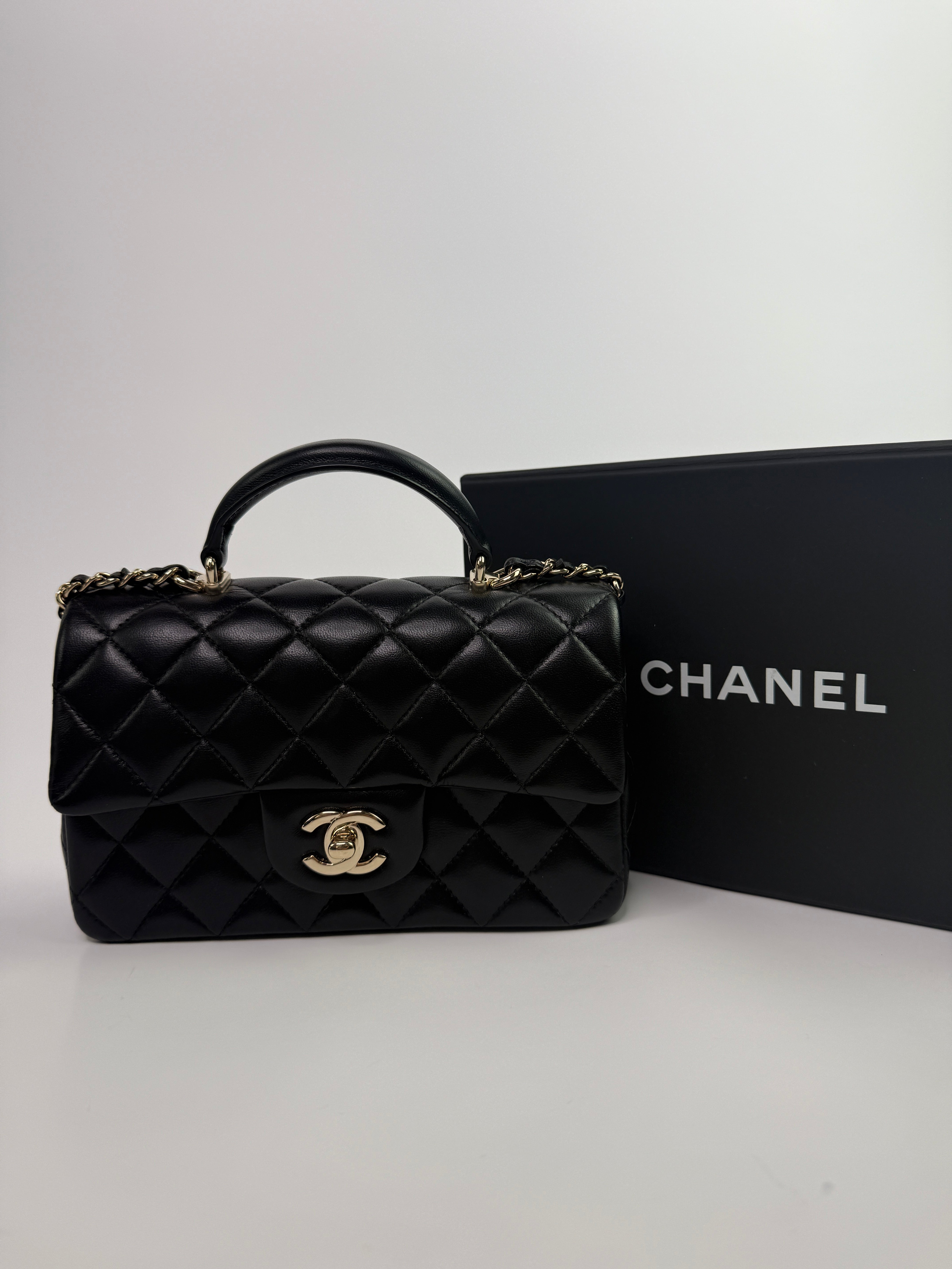 Chanel Mini Rectangle Top Handle In Black Lambskin With PGHW