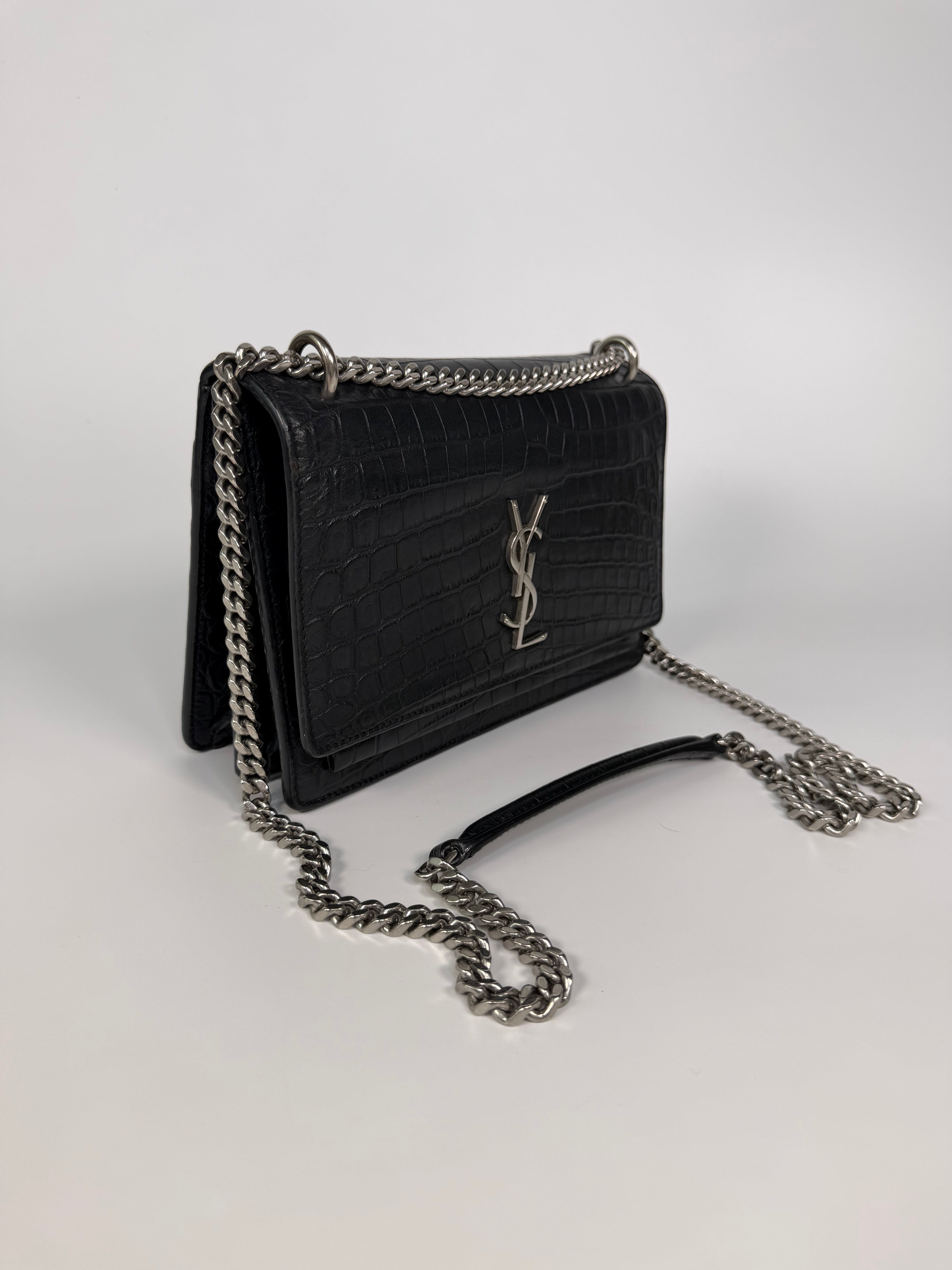 Saint Laurent Sunset Bag In Noir Croc Embossed Leather Silver Hardware. 100% authentic and preloved in very good condition.