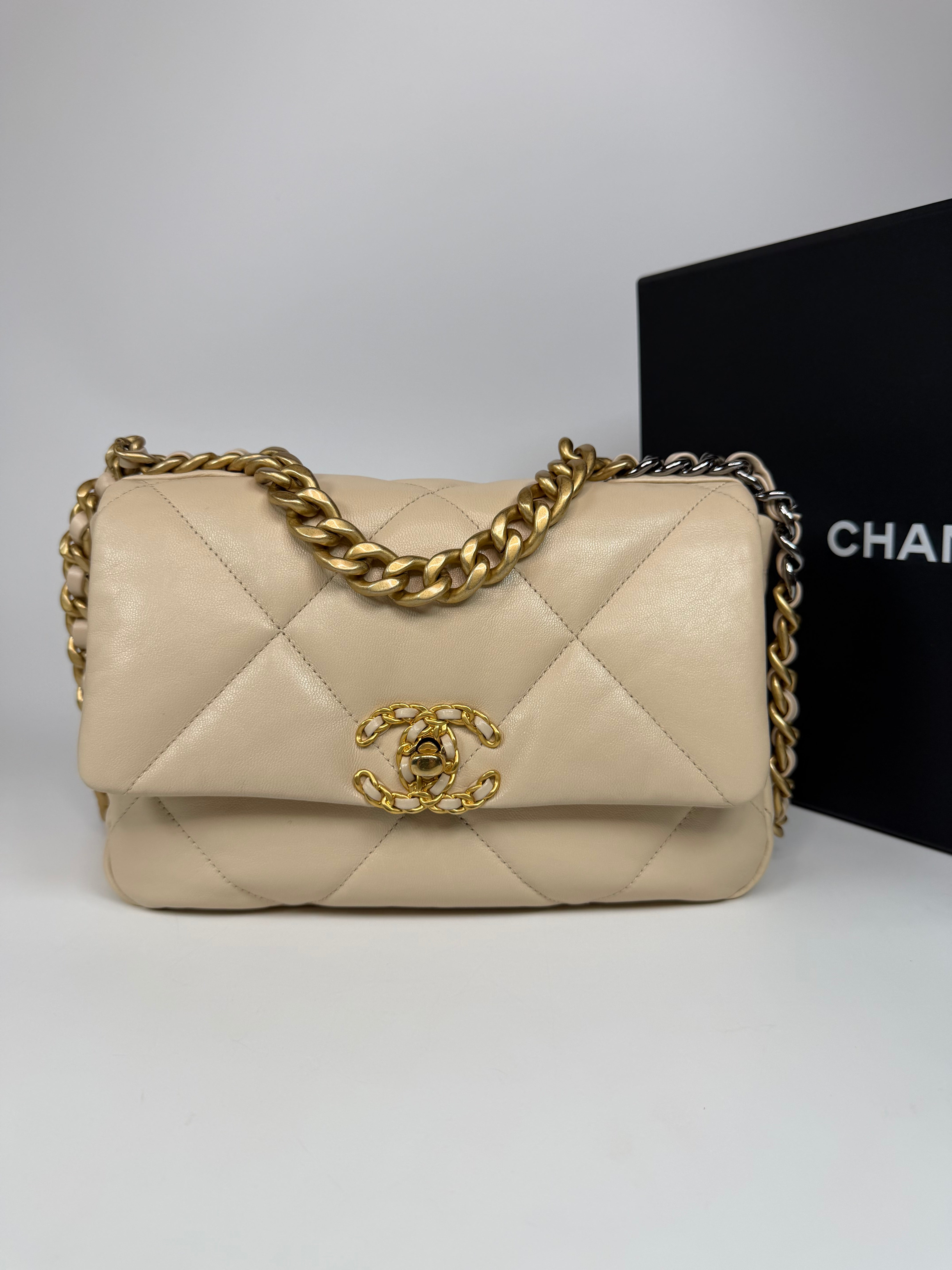 Chanel 19 Small In Beige Leather With Mixed Hardware. Authentic and preloved in excellent condition. Verified by Luxe Cheshire.