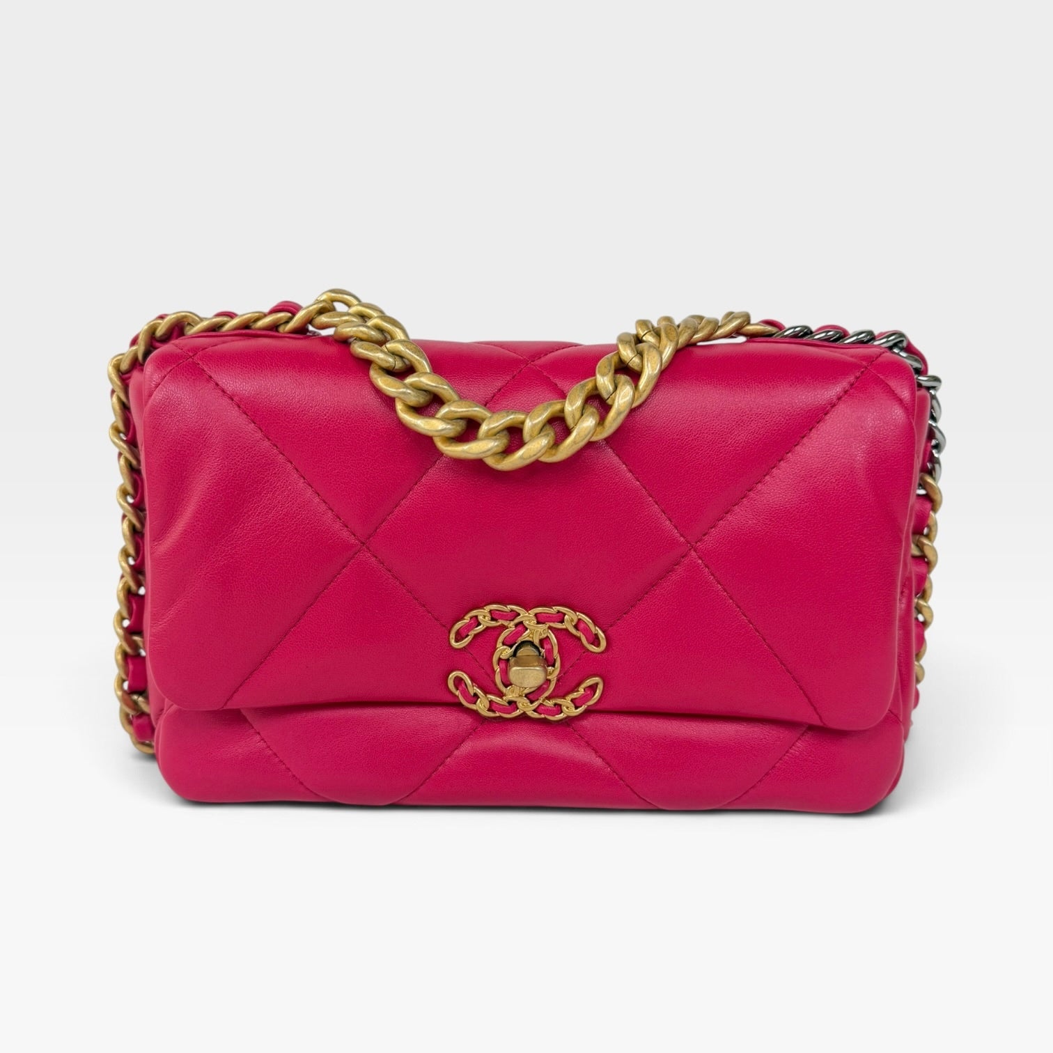 Chanel 19 Small In Pink Lambskin Leather With Mixed Hardware 100% authentic and preloved in excellent condition