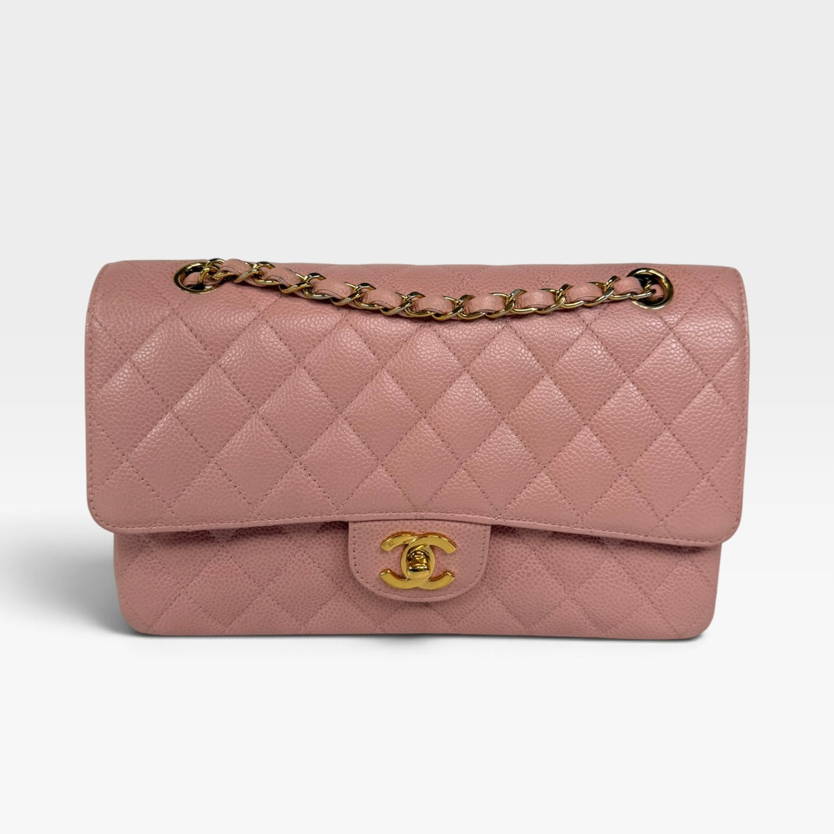 *RARE* Chanel Vintage Medium Classic Double Flap In Pink Caviar Leather With 24Kt Gold Hardware, authentic and preloved in overall excellent condition 100% guarantee.