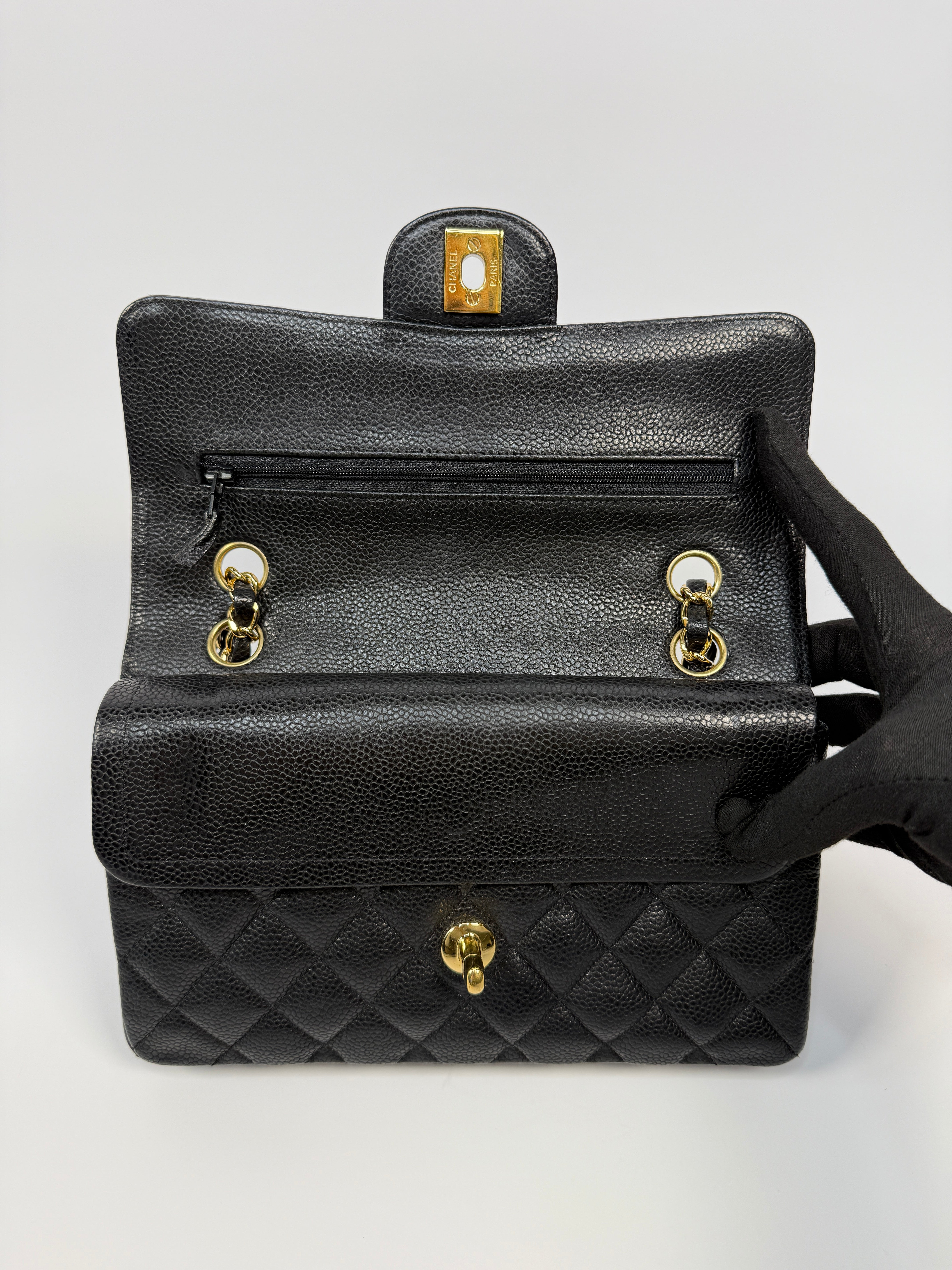 Chanel Small Vintage Classic Double Flap In Black Caviar Leather With Gold Hardware, Authentic And Preloved In Excellent Condition