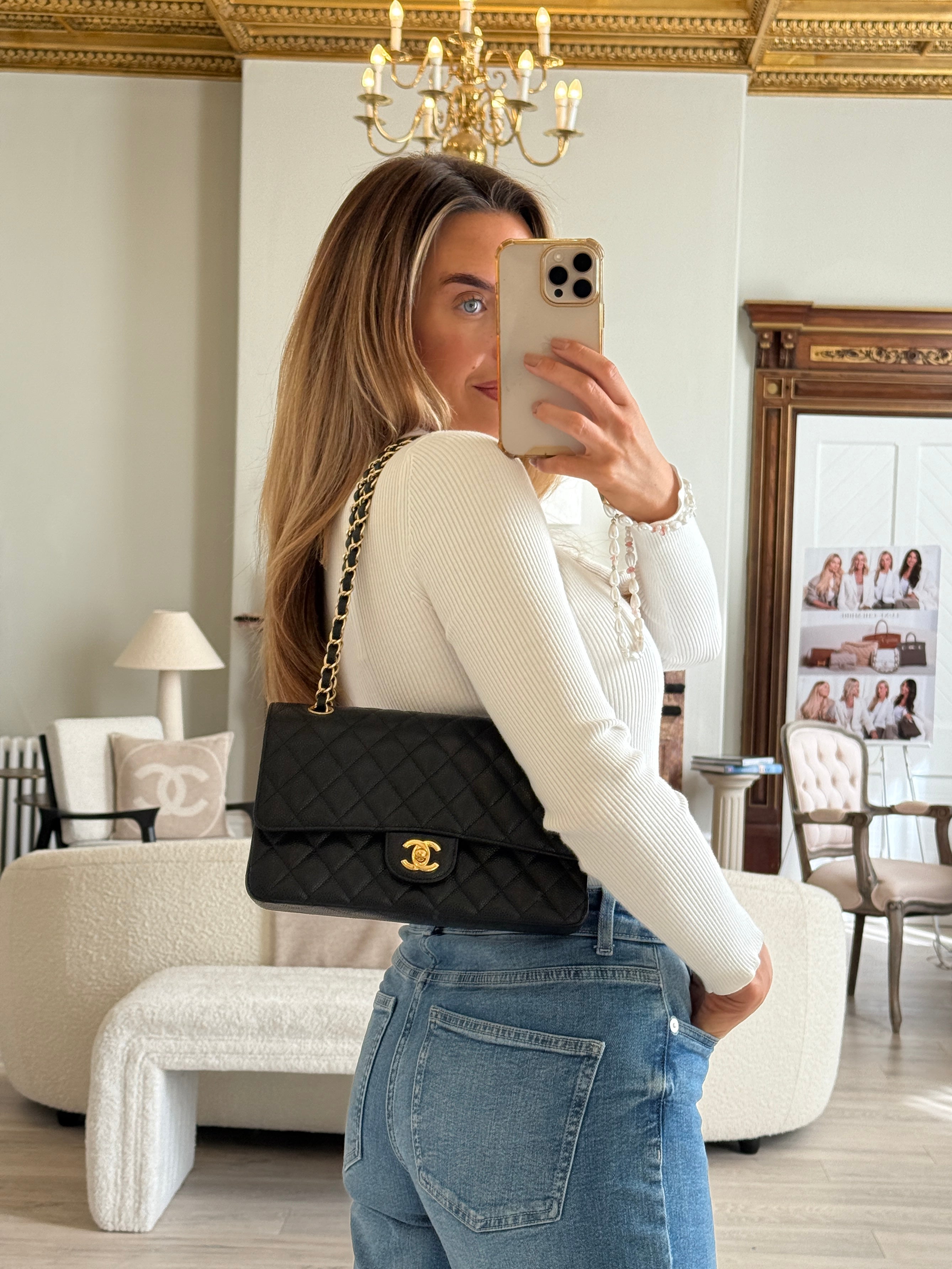 Chanel Medium Classic Double Flap Black Caviar With GHW