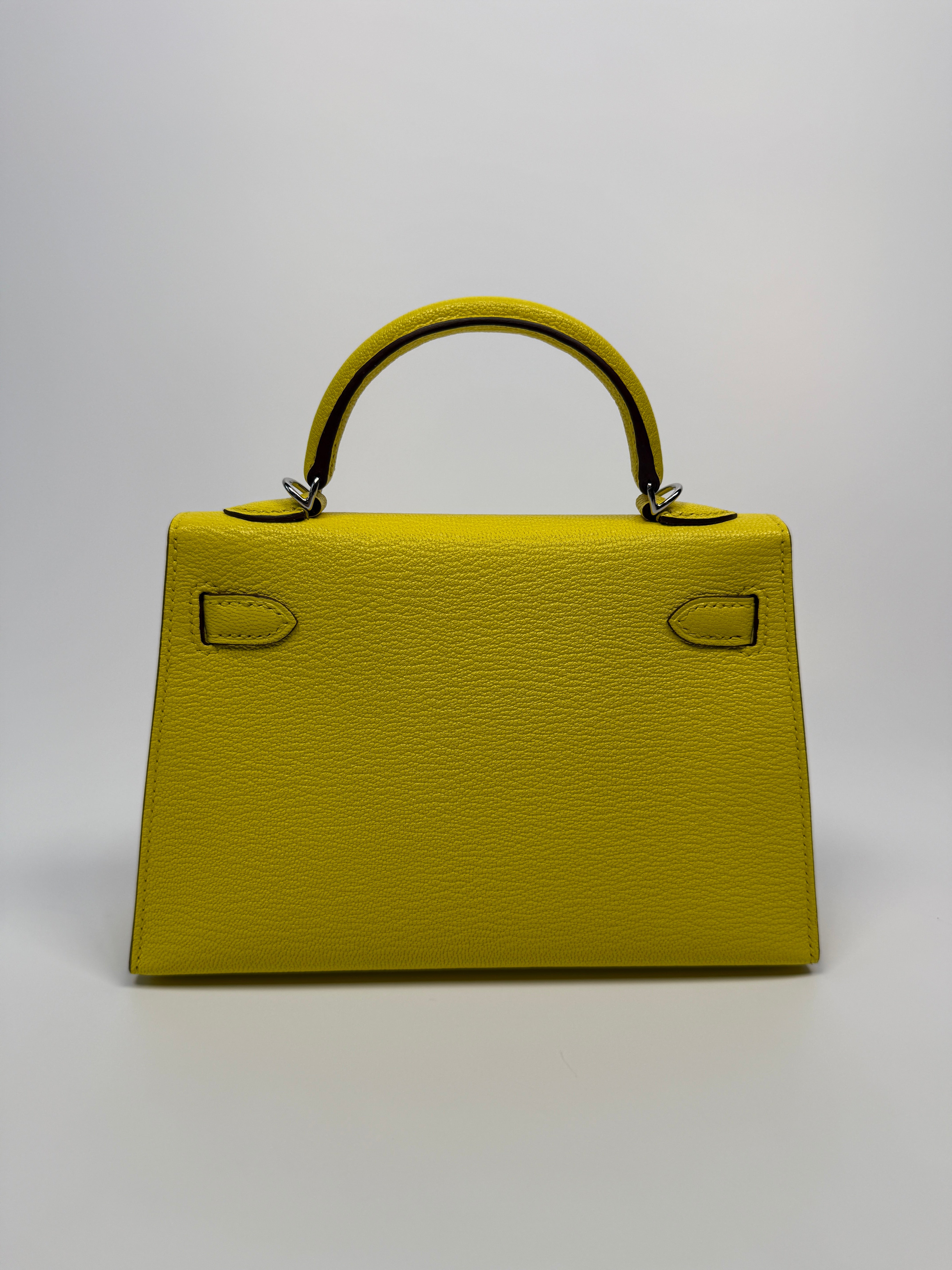 Authentic Pre Loved Hermés Mini Kelly ll Sellier Verso Chèvre Mysore in Jaune Citron and Mushroom With Palladium Hardware New & Unused Condition