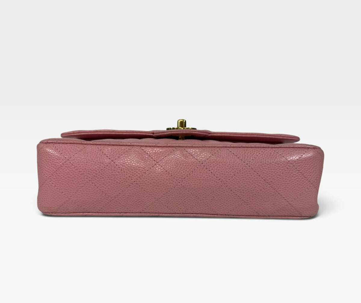 Chanel Vintage Medium Classic Double Flap In Pink Caviar Leather With 24Kt Gold Hardware 100% authentic and preloved in excellent condition