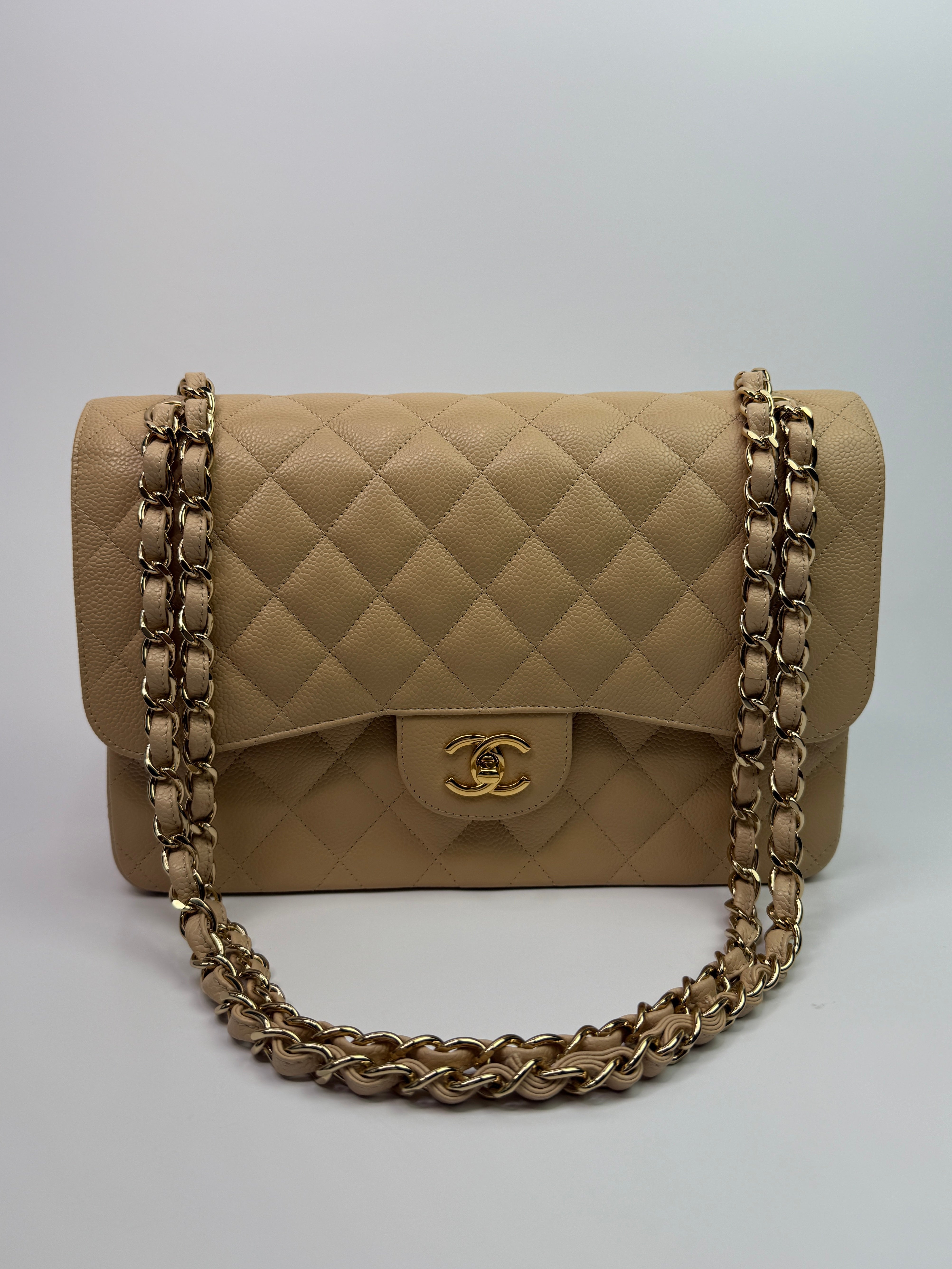 Chanel Jumbo Classic Double Flap In Beige Caviar Leather with GHW