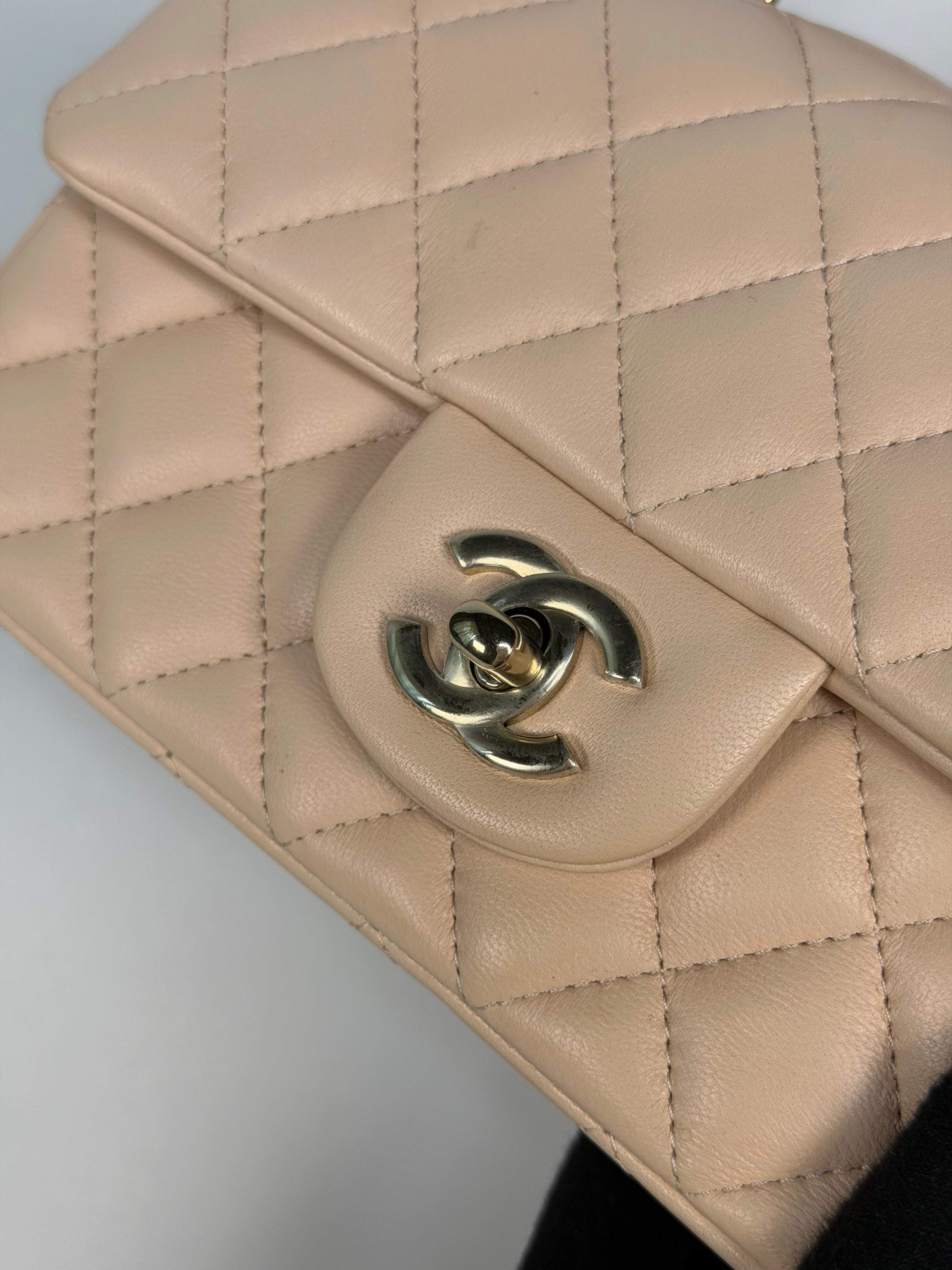 Chanel Mini Rectangle Top Handle In Light Beige Lambskin Leather With Gold Hardware
