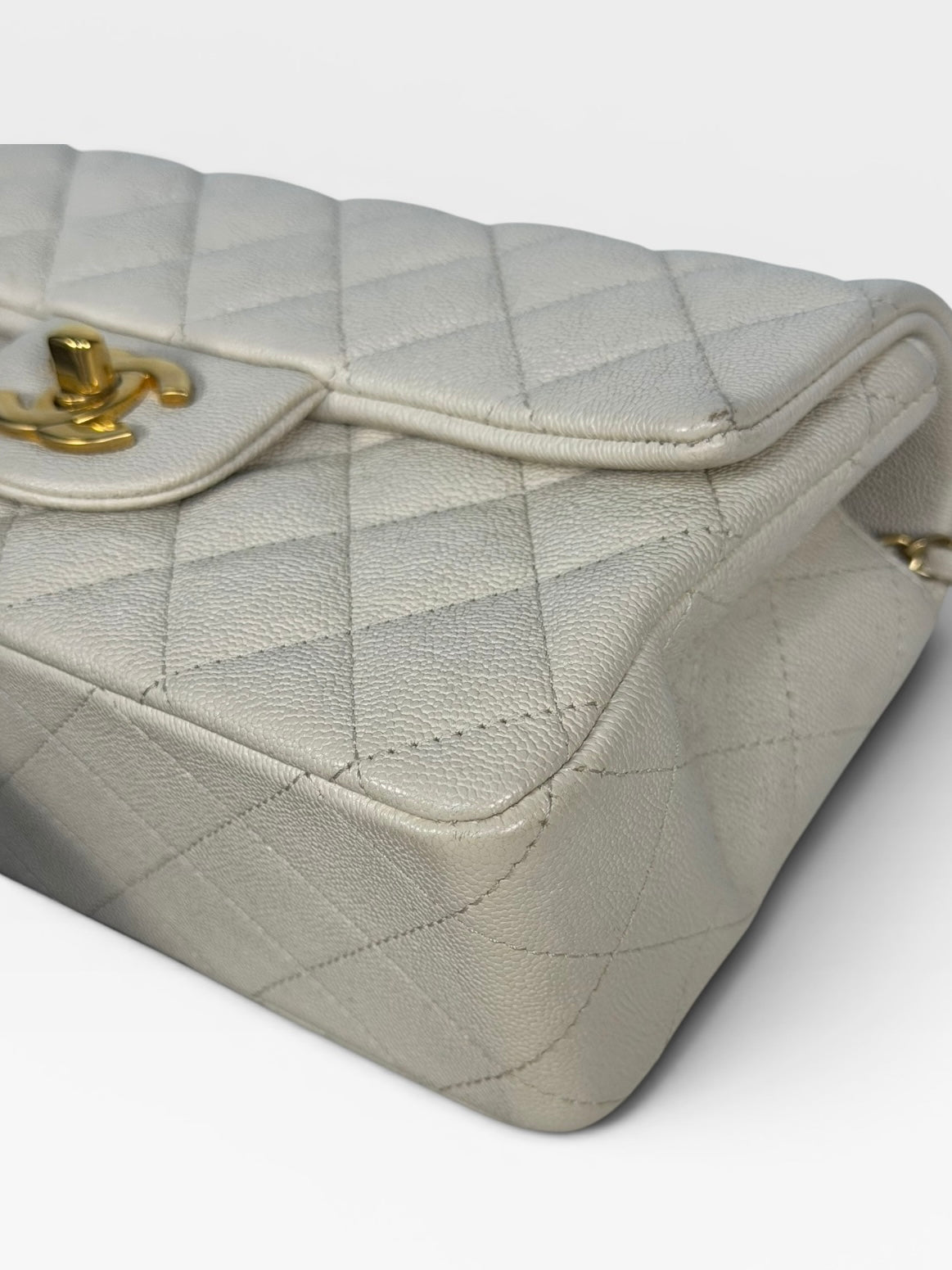 Chanel Mini Rectangle Top Handle In Cream Caviar Leather With Aged Gold Hardware. 100% authentic and preloved in excellent condition.