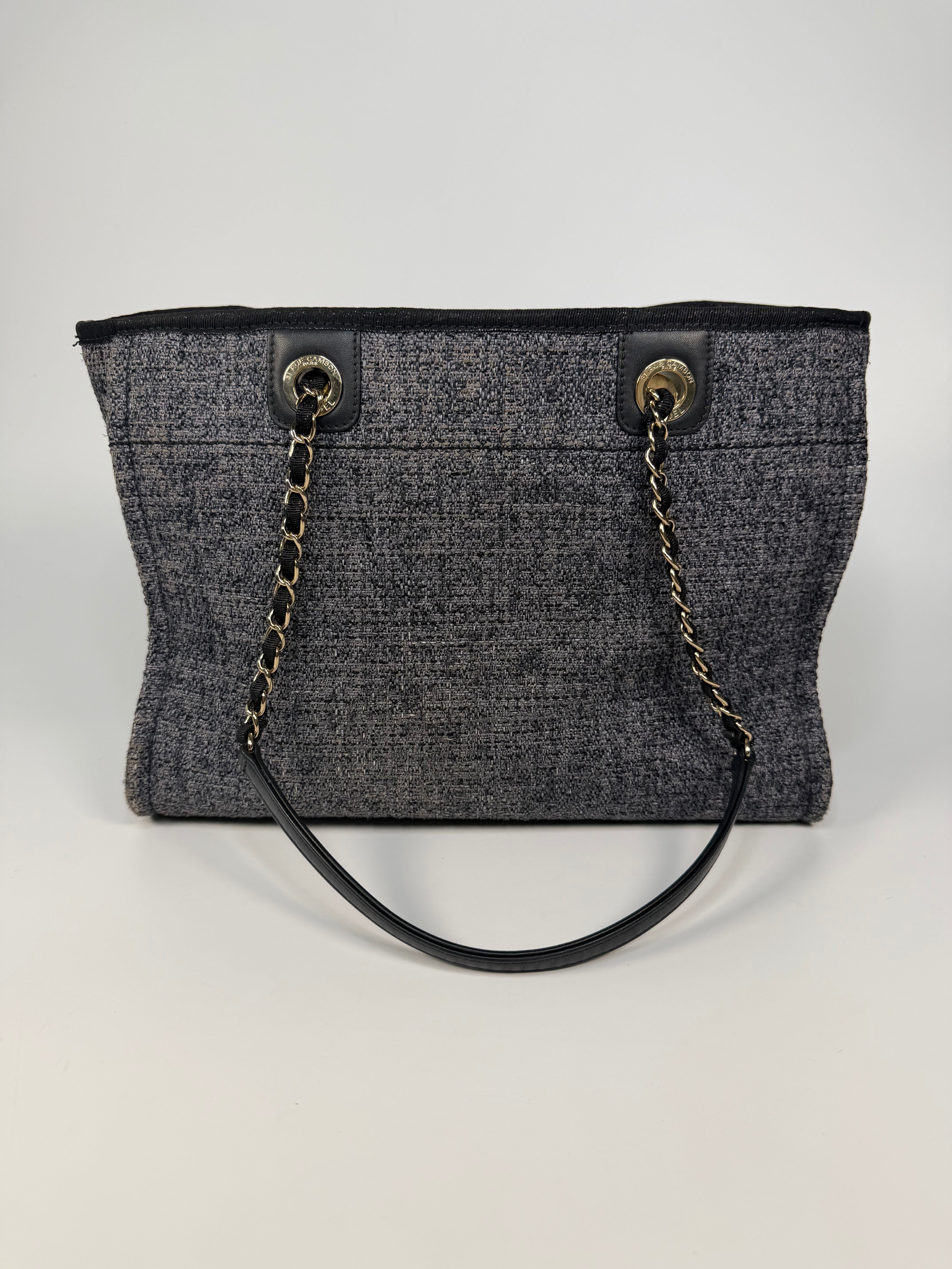Chanel Small Deauville Tote Bag Navy / Dark Grey With Pale Gold Hardware. 100% authentic and preloved in excellent condition.