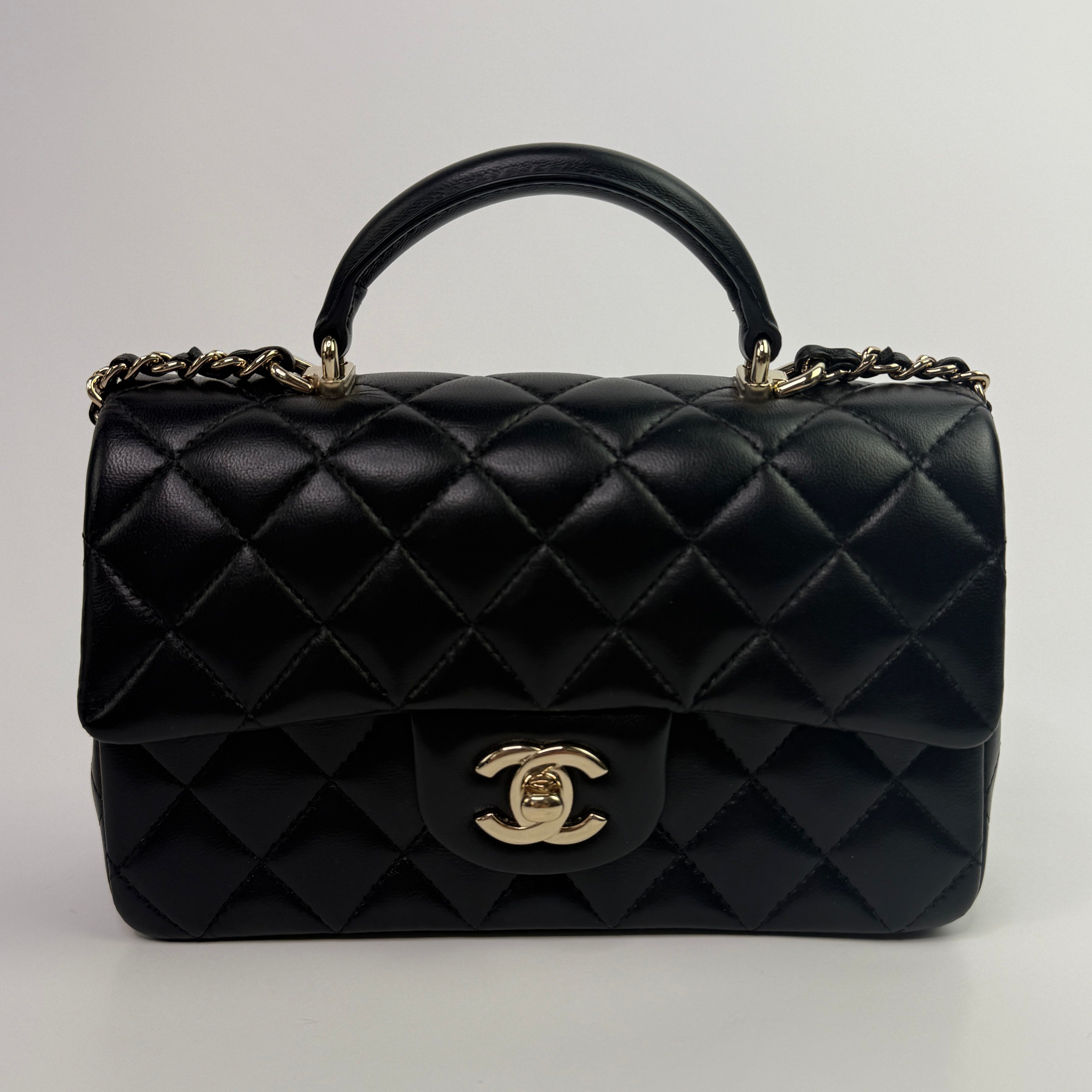 Chanel Mini Rectangle Top Handle In Black Lambskin With PGHW