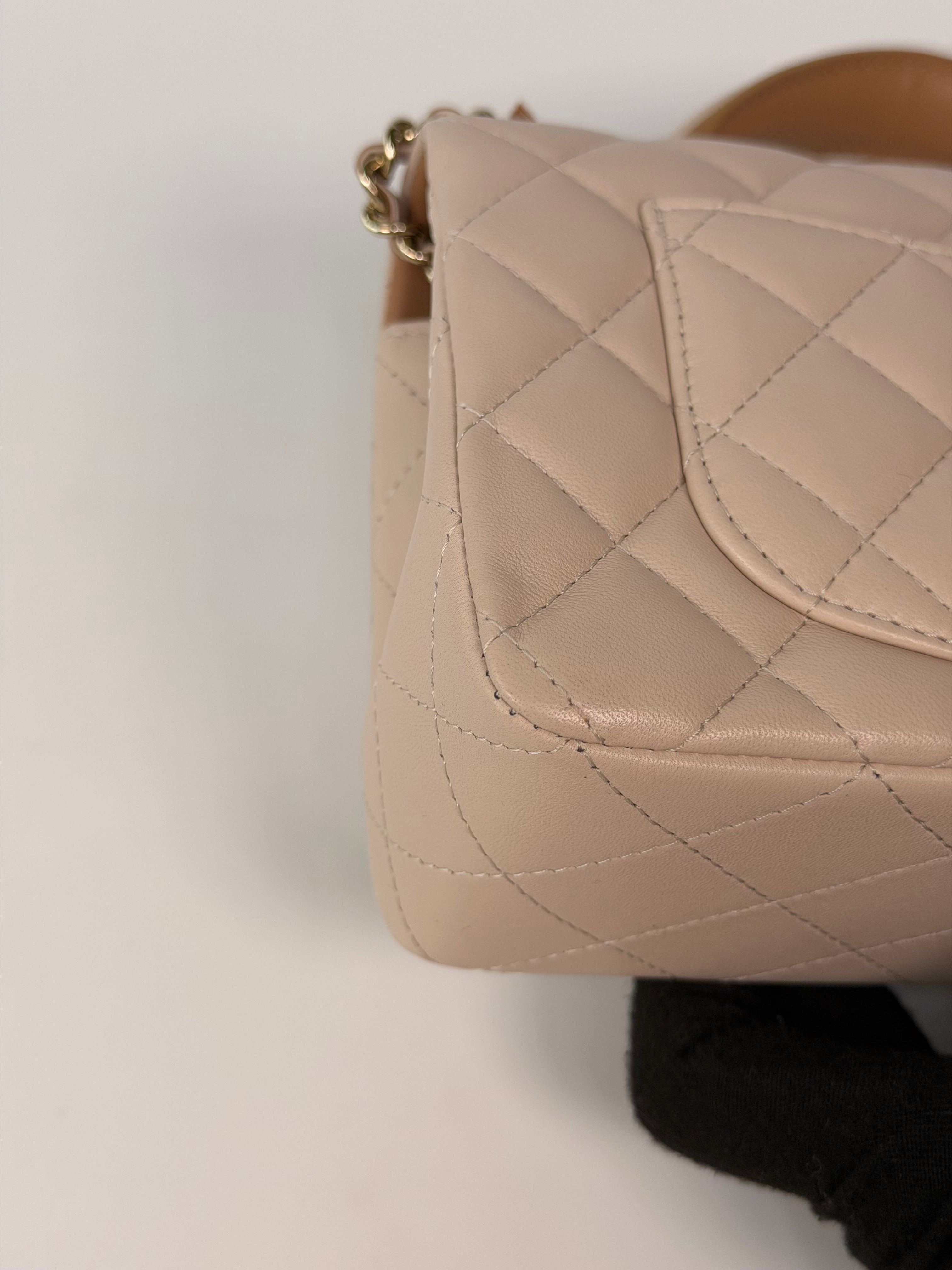 Chanel Mini Rectangle Top Handle In Light Beige Lambskin Leather With Pale Gold Hardware