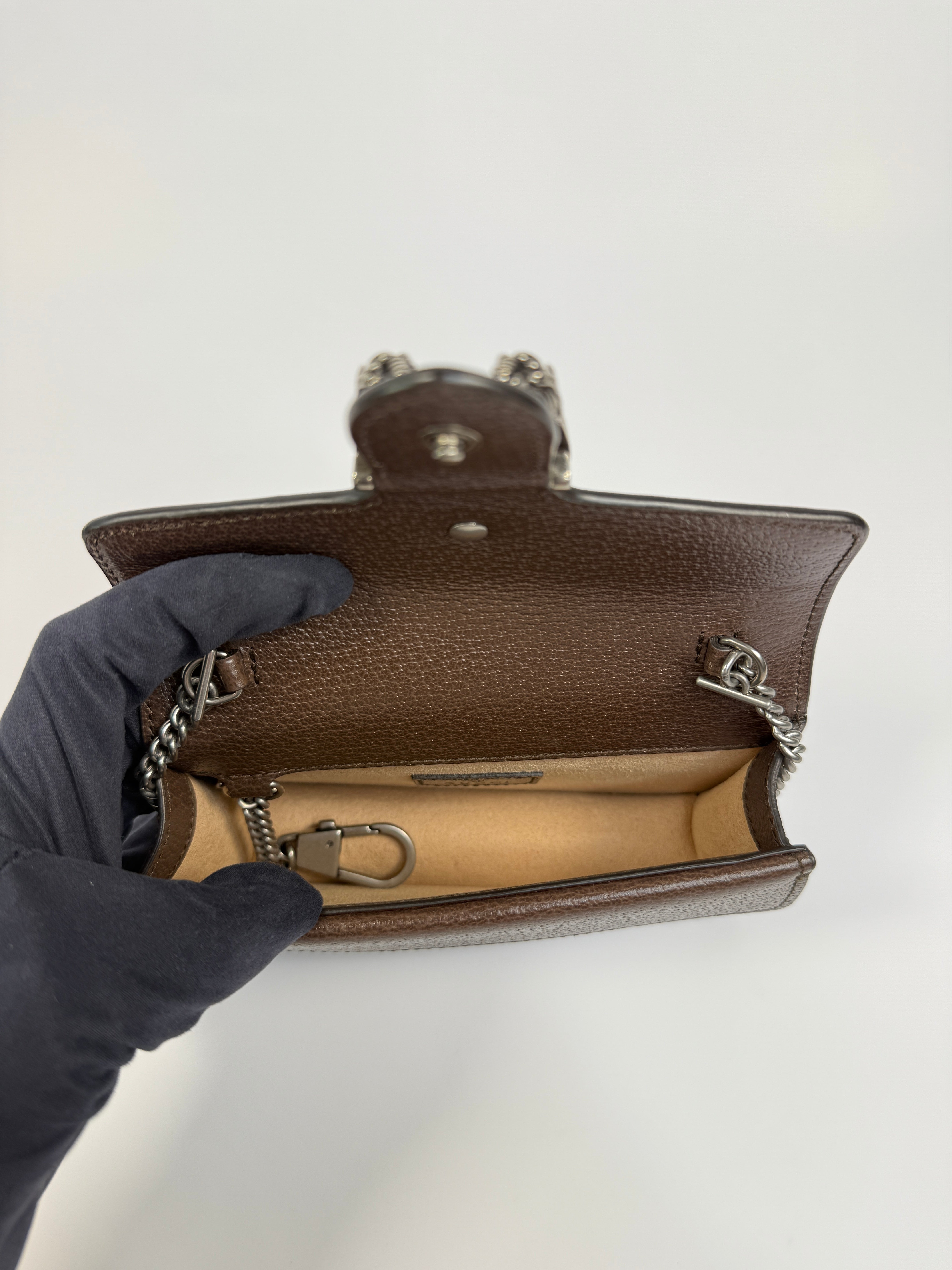 Gucci Mini GG Supreme Studs Dionysus Crossbody Bag In Brown Canvas with silver Hardware In Excellent Condition. Authentic and pre loved