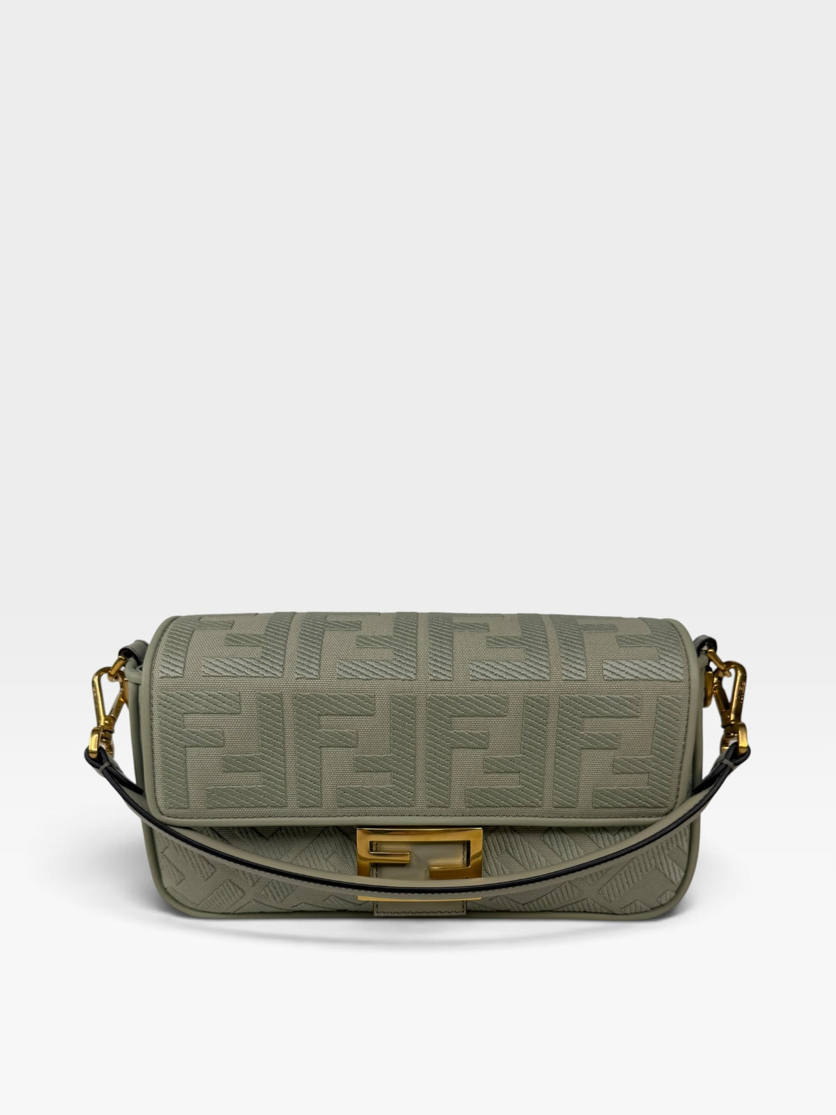 Fendi Baguette In Green Tea FF Monogram Fabric and Canvas With Gold Hardware. 100% authentic and preloved in excellent condition